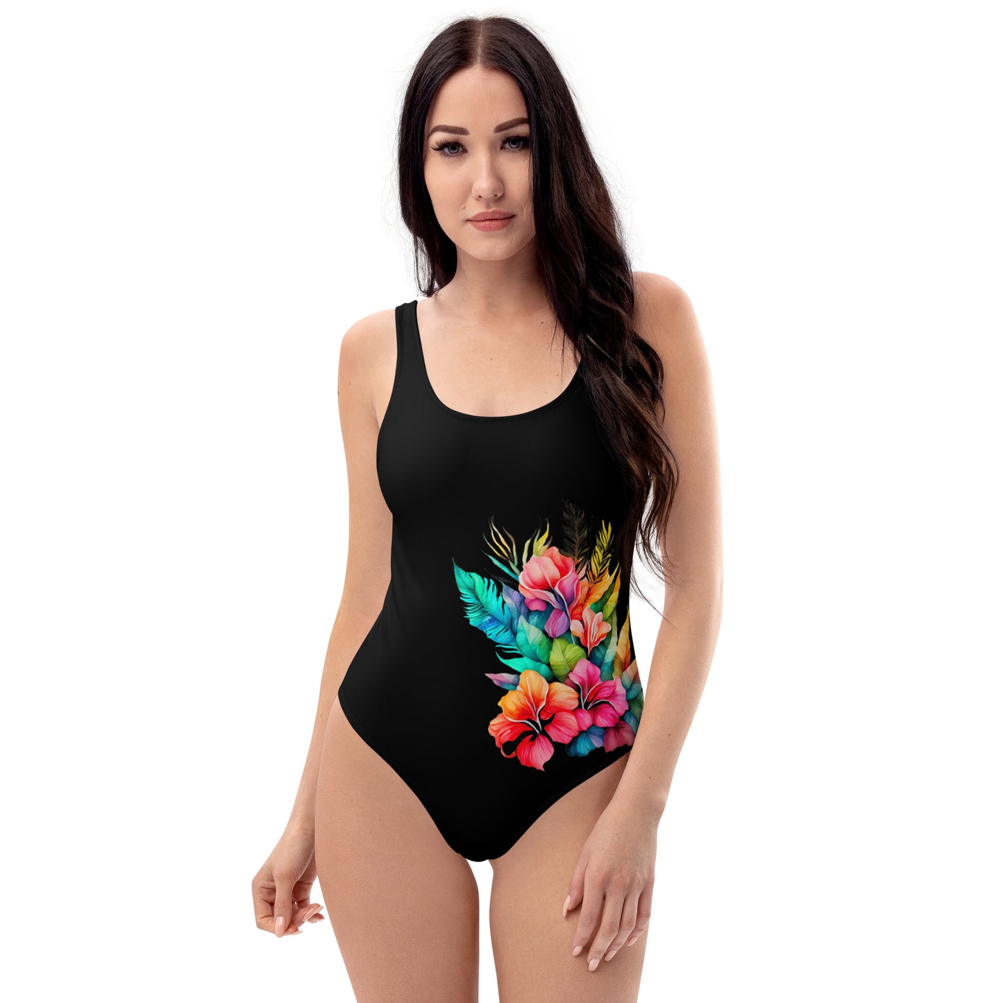 One-Piece Swimsuit - - Tropical Flowers and Seashell on black background