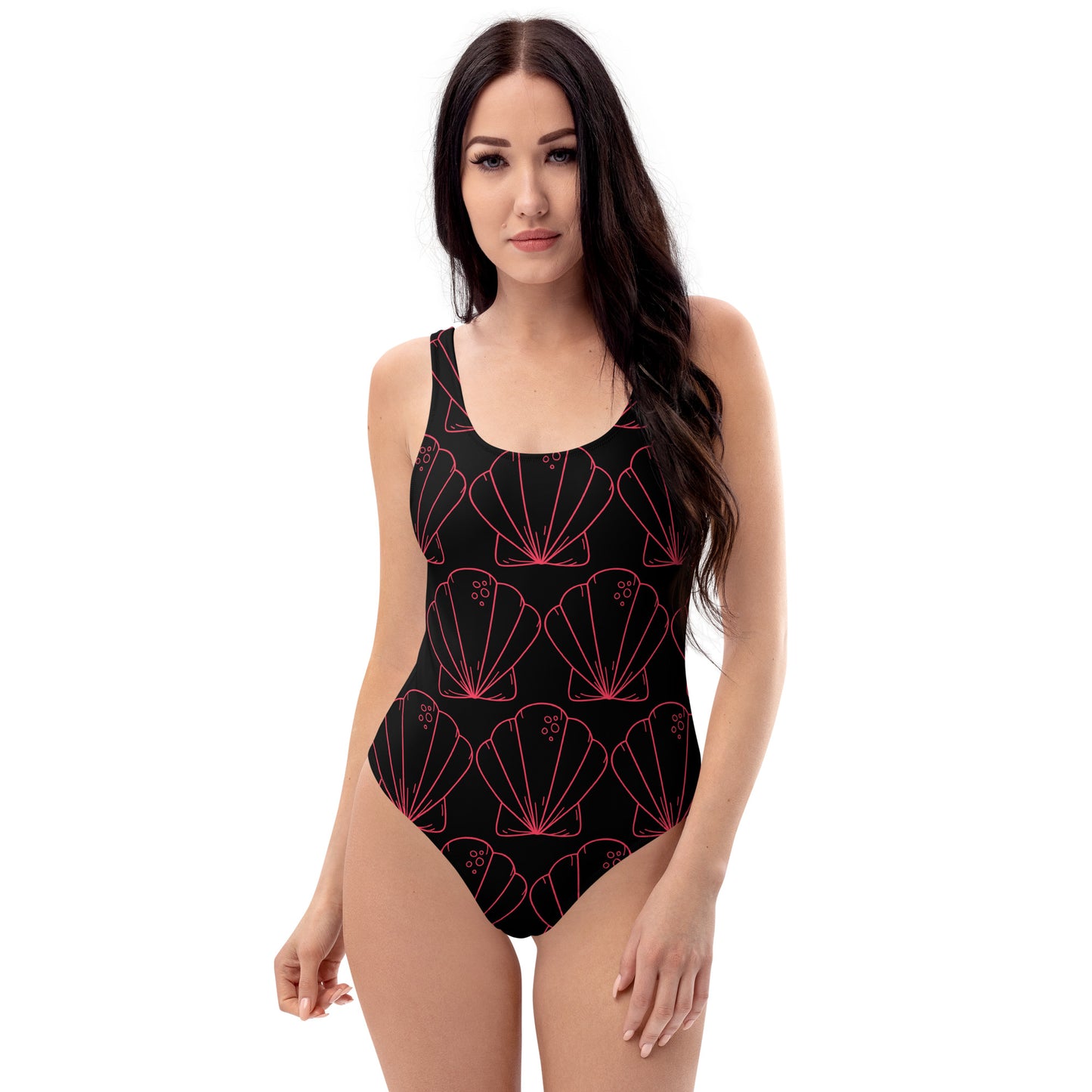 One-Piece Swimsuit - Radical Red Seashells with Black Background