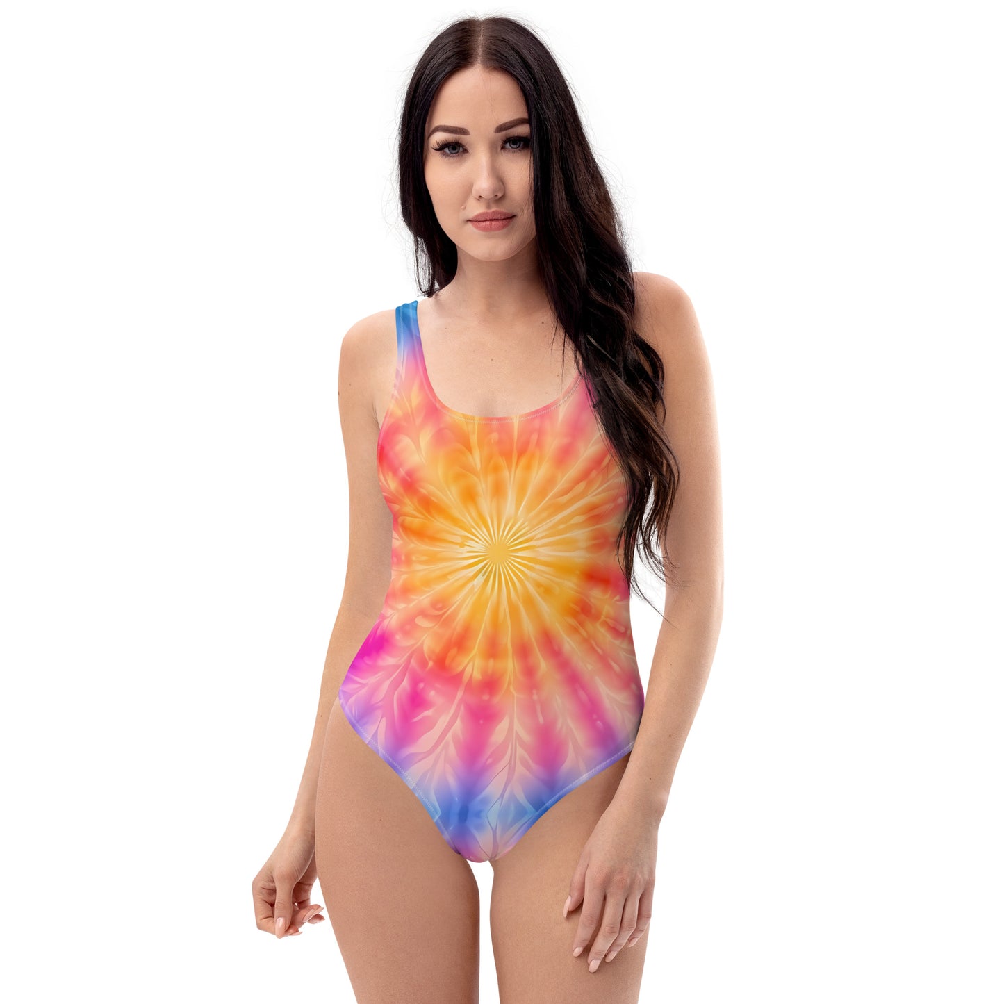 One-Piece Swimsuit - Yellow Star with Pink and Blue Tie Dye