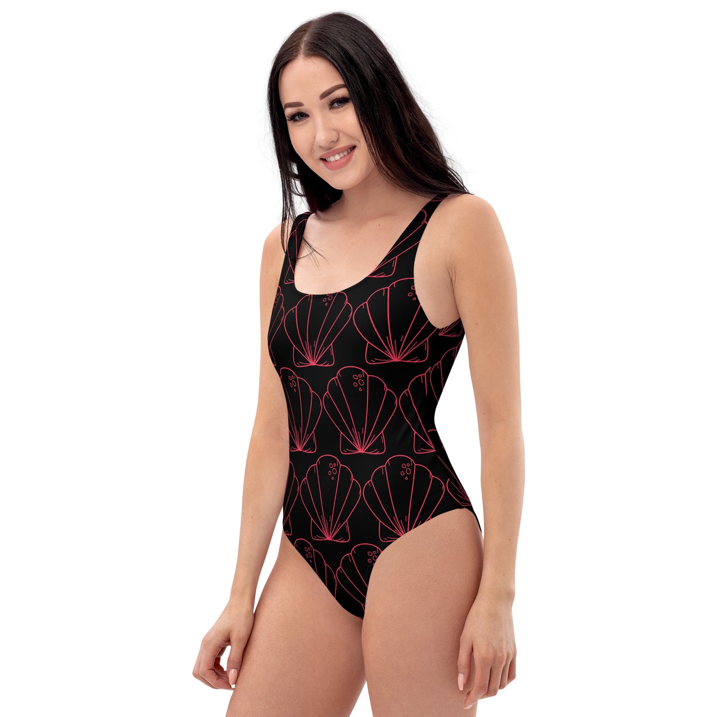 One-Piece Swimsuit - Radical Red Seashells with Black Background