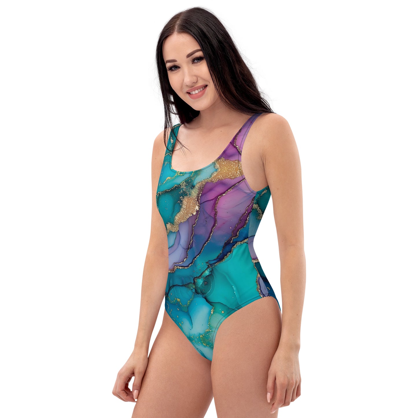 One-Piece Swimsuit - Teal Purple with Gold Glitter