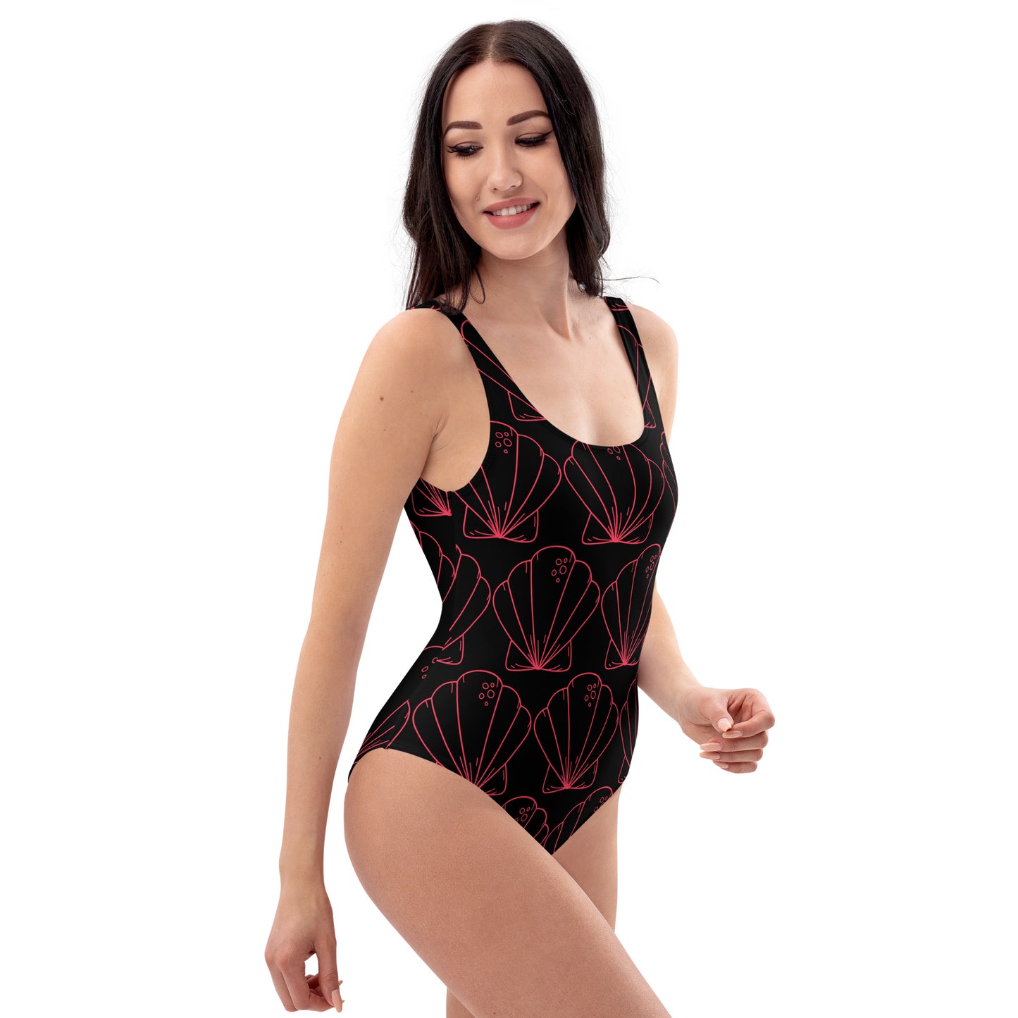 One-Piece Swimsuit - Radical Red Seashells with Black Background