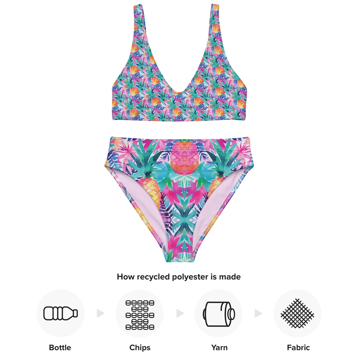 High-waisted bikini - Bright Flowers with Pineapples