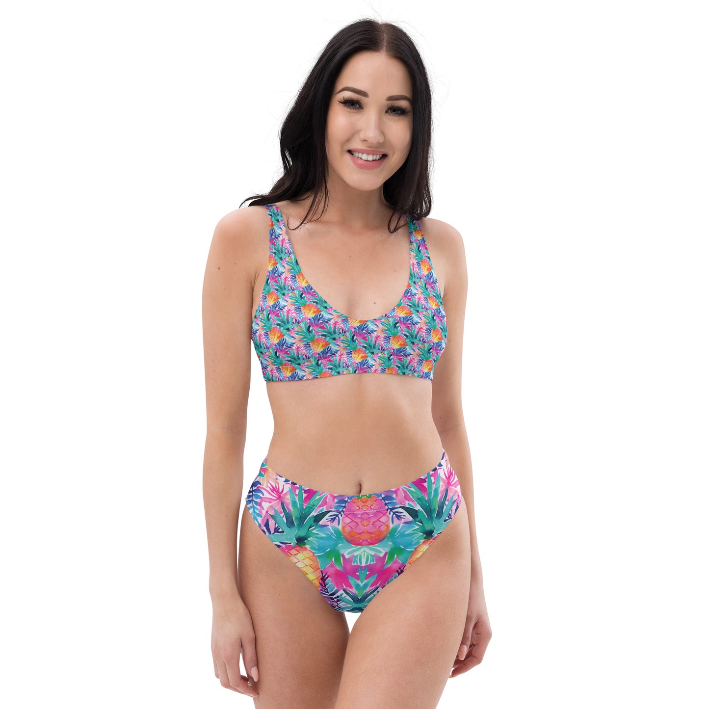 High-waisted bikini - Bright Flowers with Pineapples