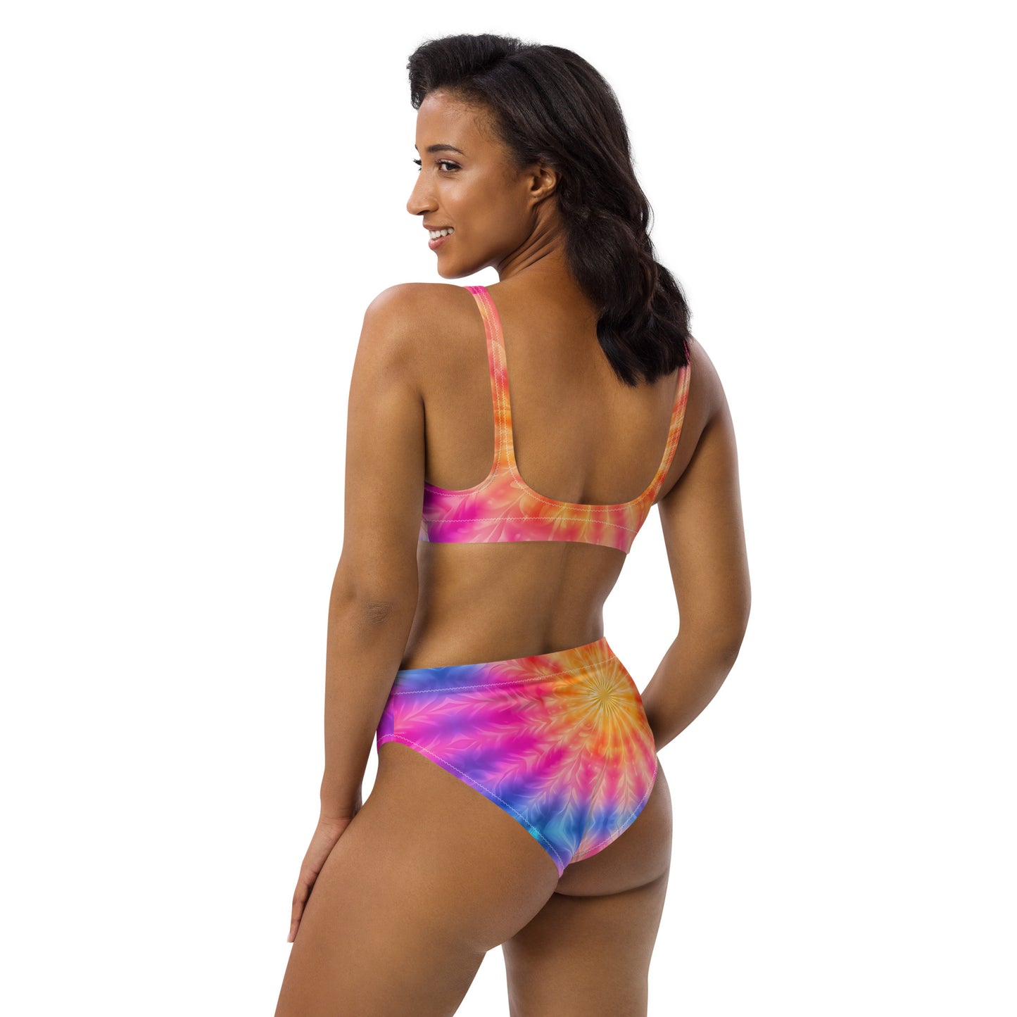 High-waisted bikini - Yellow star with Blue and Pink tie dye