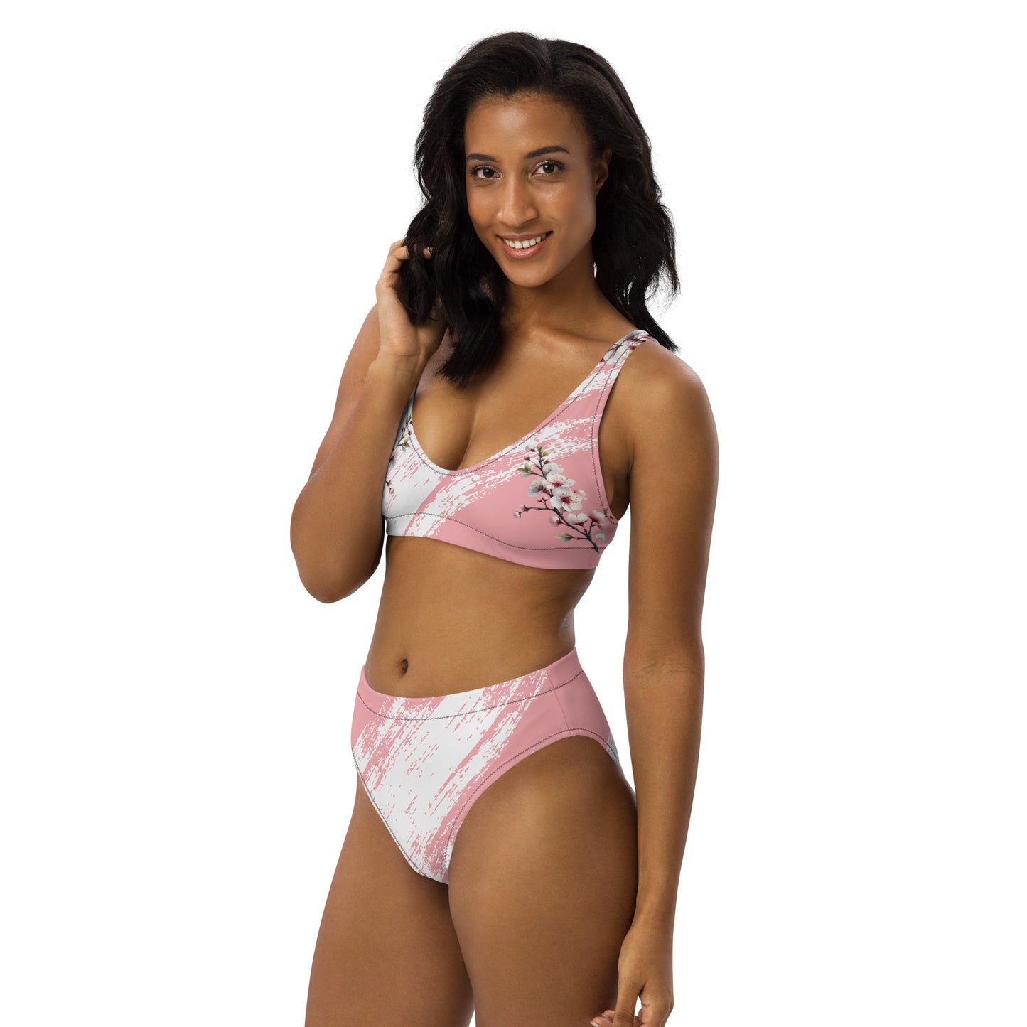 High-waisted bikini – Cherry Blossom with Pink and White Background