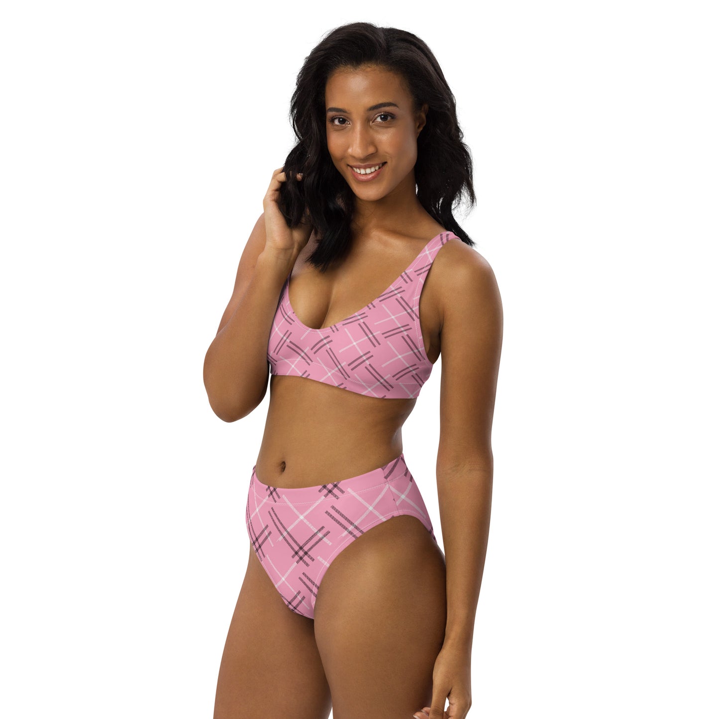 High-waisted bikini - Pink tartan