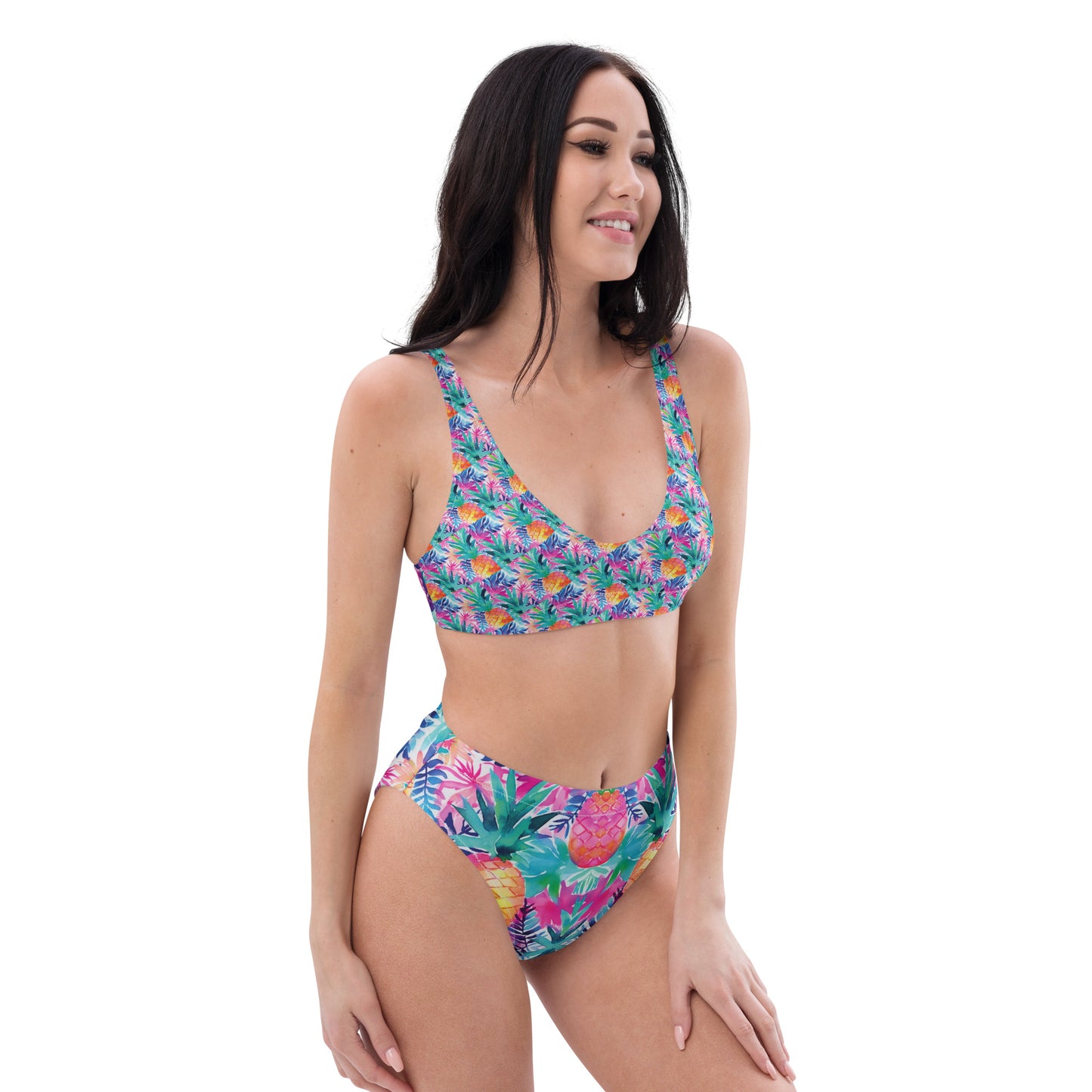 High-waisted bikini - Bright Flowers with Pineapples