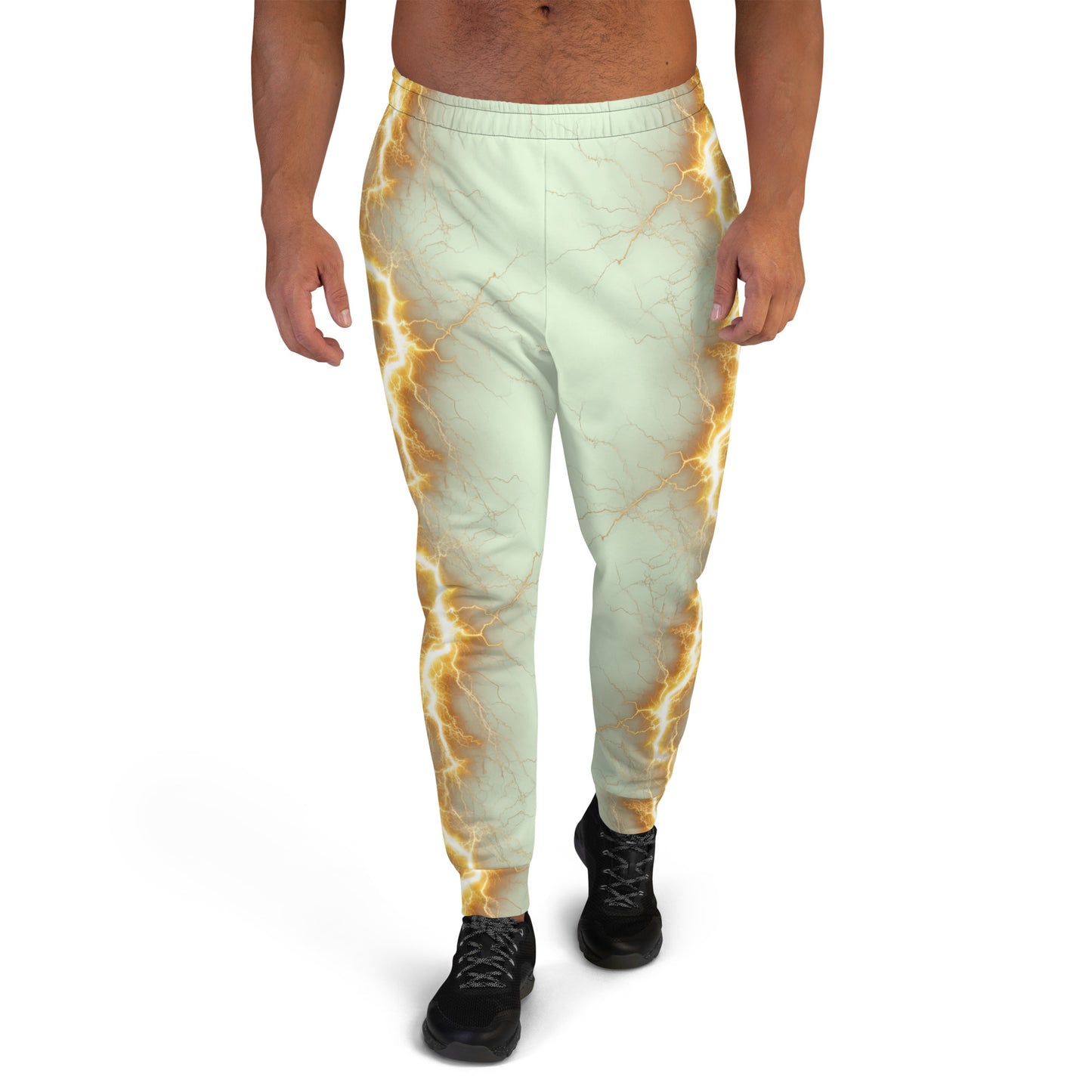 Men's Joggers - Yellow Lightning Bolt with Panache Green Cream Color Background