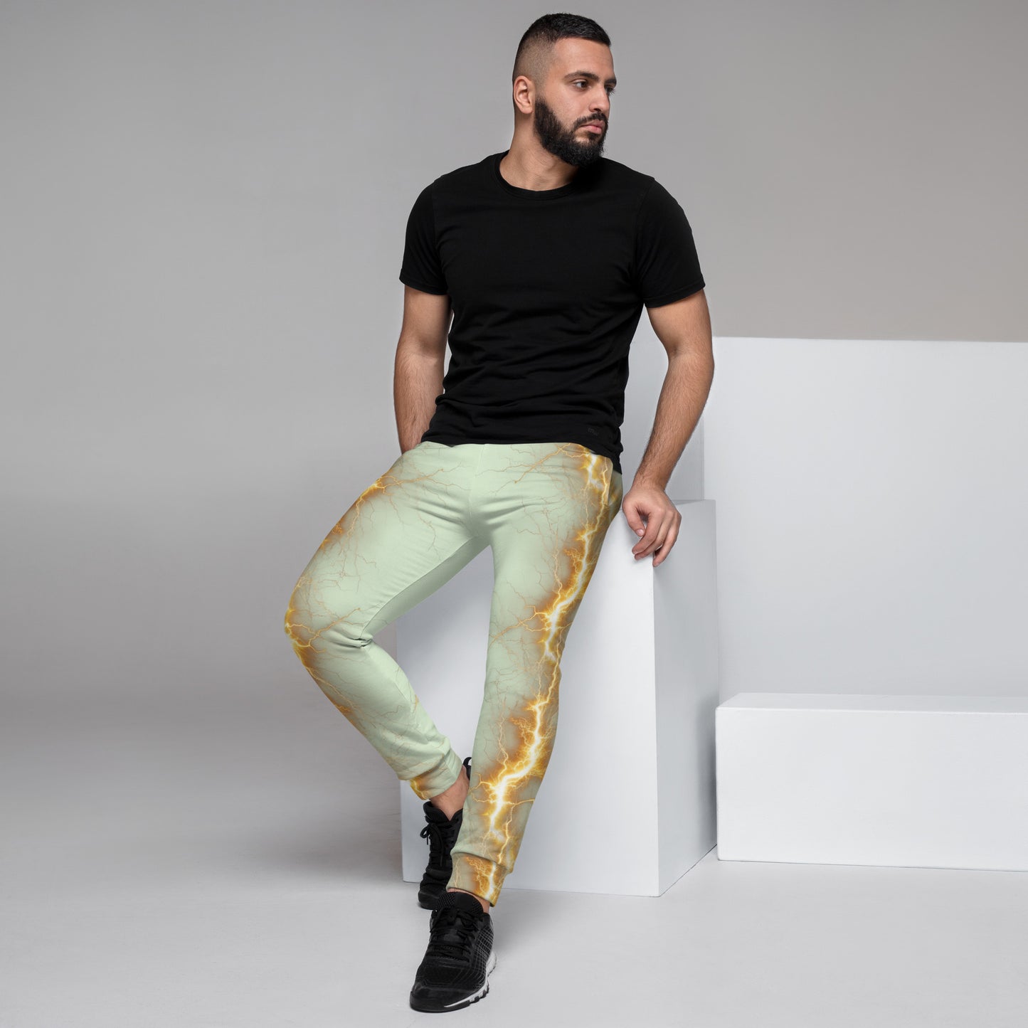 Men's Joggers - Yellow Lightning Bolt with Panache Green Cream Color Background