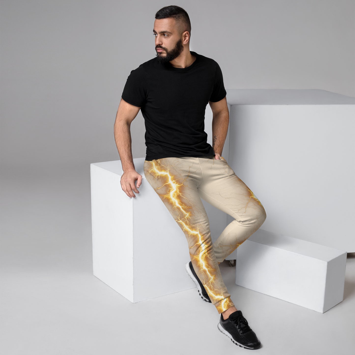 Men's Joggers - Yellow Lightning Bolt with Papaya Whip Cream Color  Background