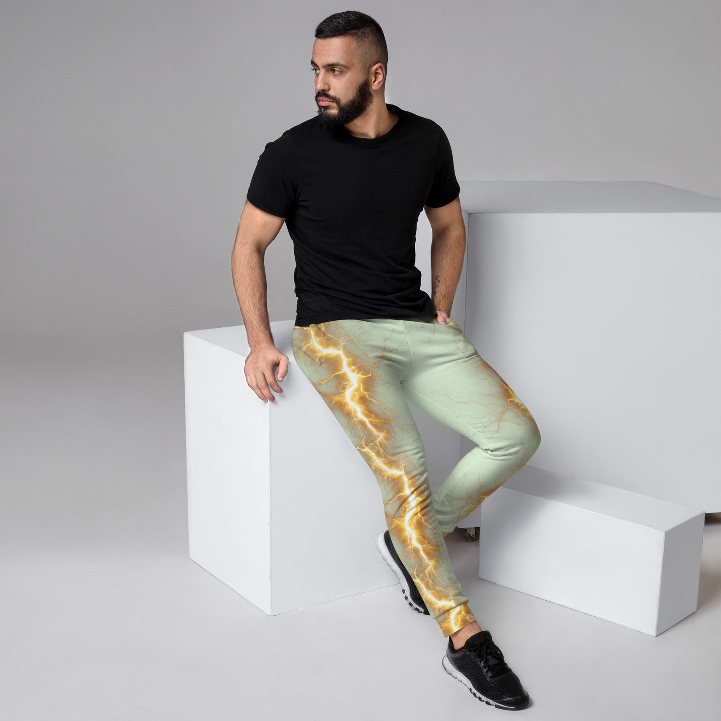 Men's Joggers - Yellow Lightning Bolt with Panache Green Cream Color Background