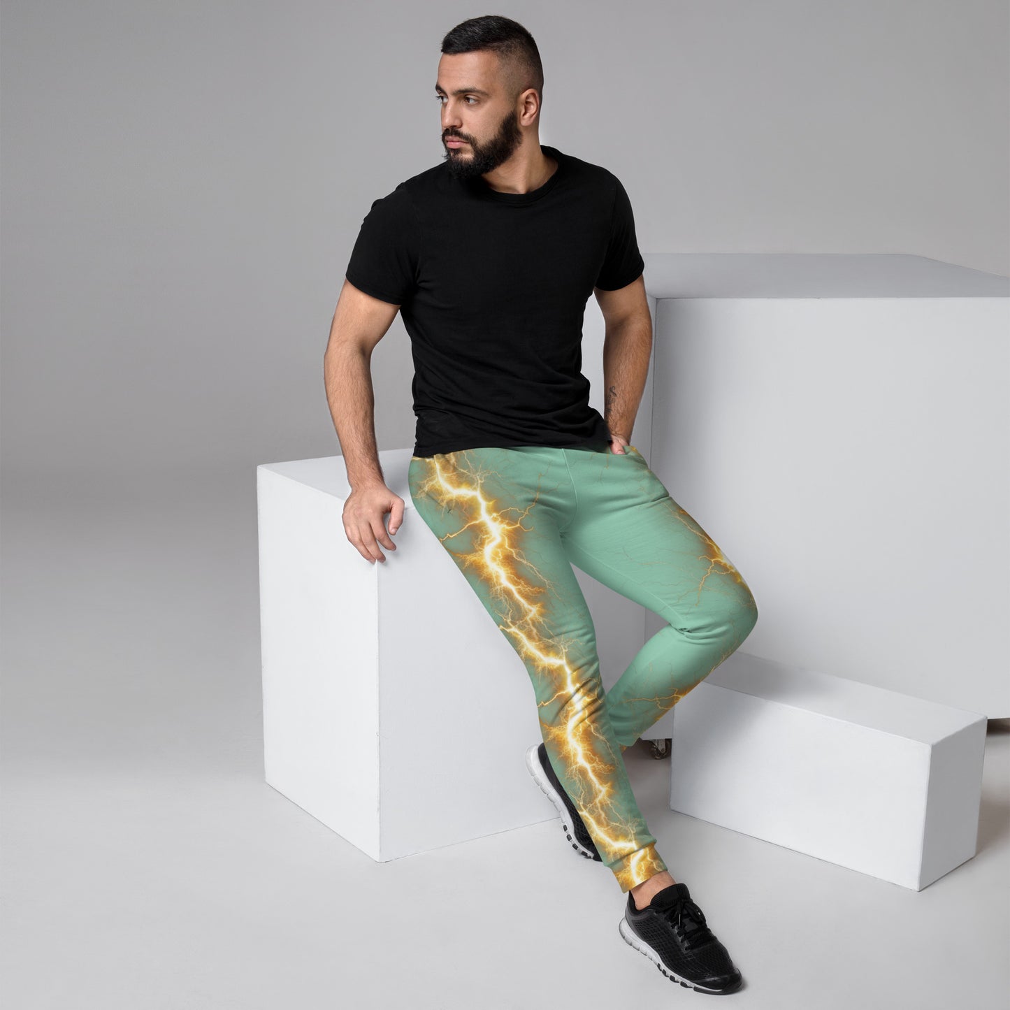 Men's Joggers - Yellow Lightning Bolt with Vista Blue Mint Color Background