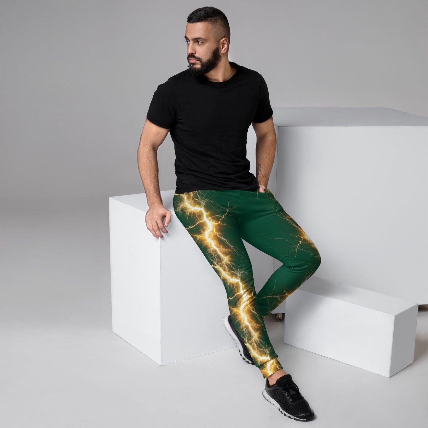 Men's Joggers - Yellow Lightning Bolt with British Racing Green Background