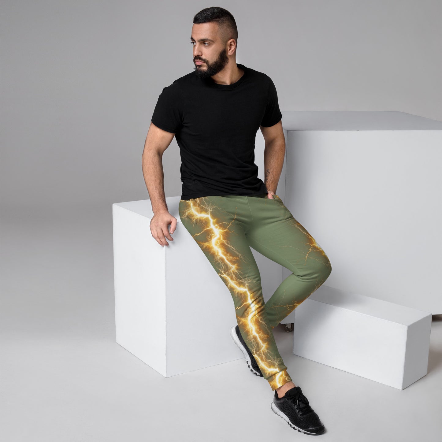 Men's Joggers - Yellow Lightning Bolt with Camouflage Green Background