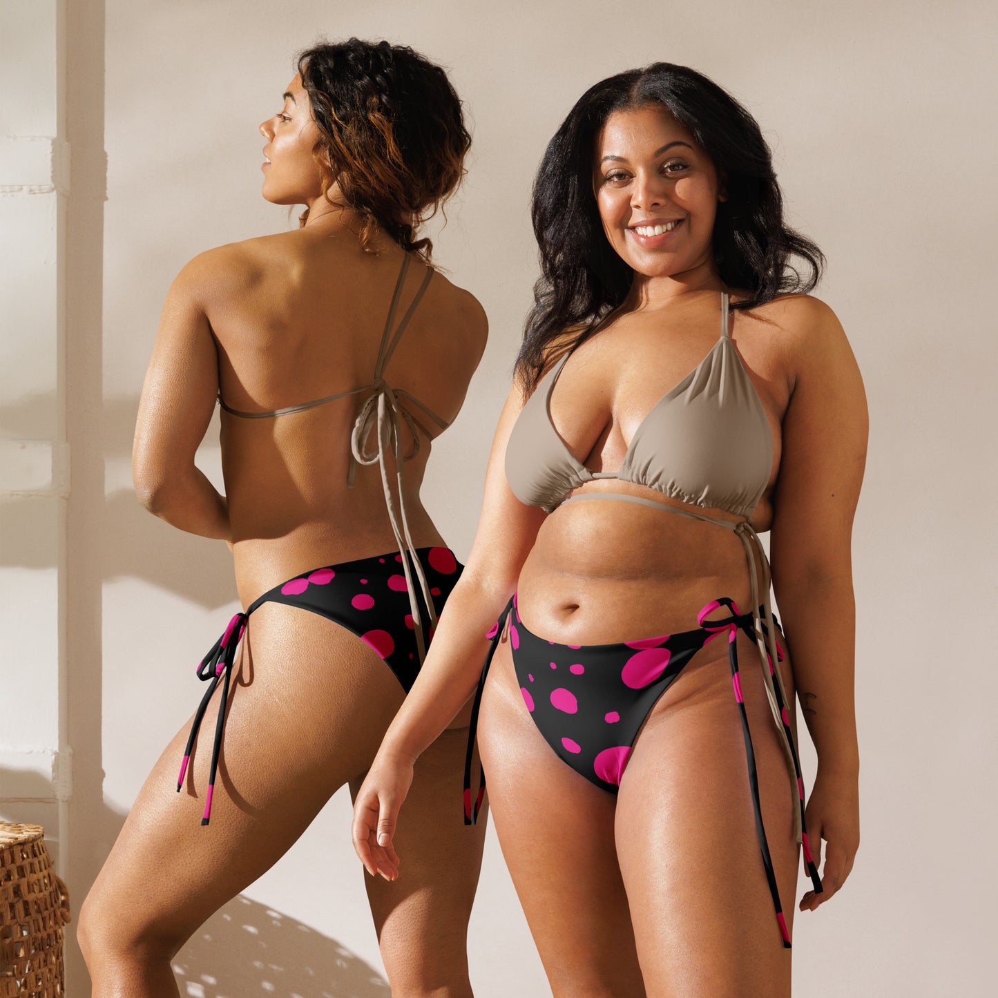 String bikini bottom - Bottom Only - Black with pink Polka Dot