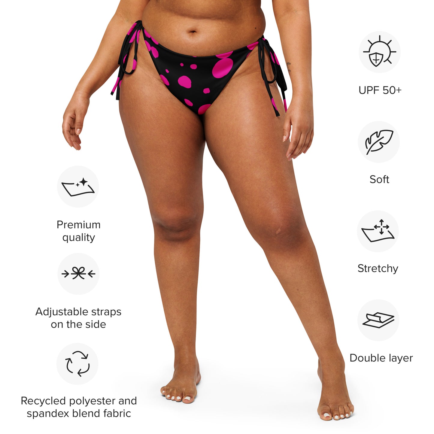 String bikini bottom - Bottom Only - Black with pink Polka Dot