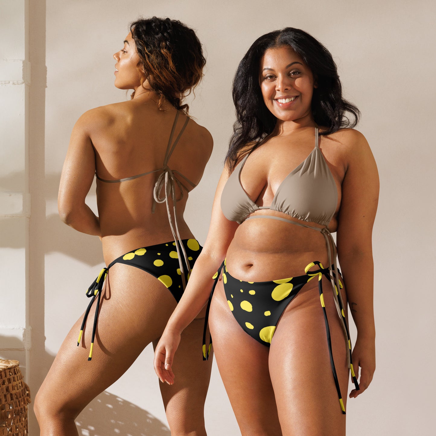 String bikini bottom - Bottoms Only - Black with Yellow Polka Dot