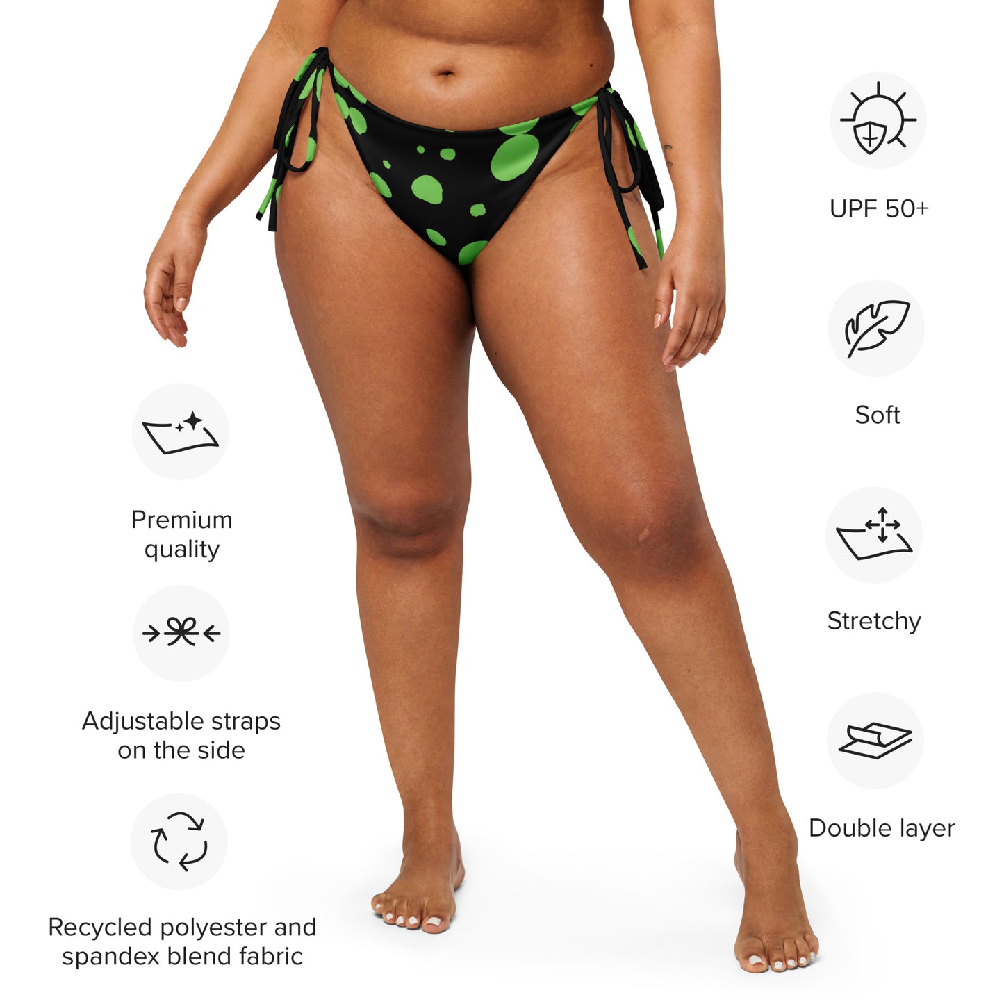 String bikini bottom - Bottom Only - Black with Green Polka Dot