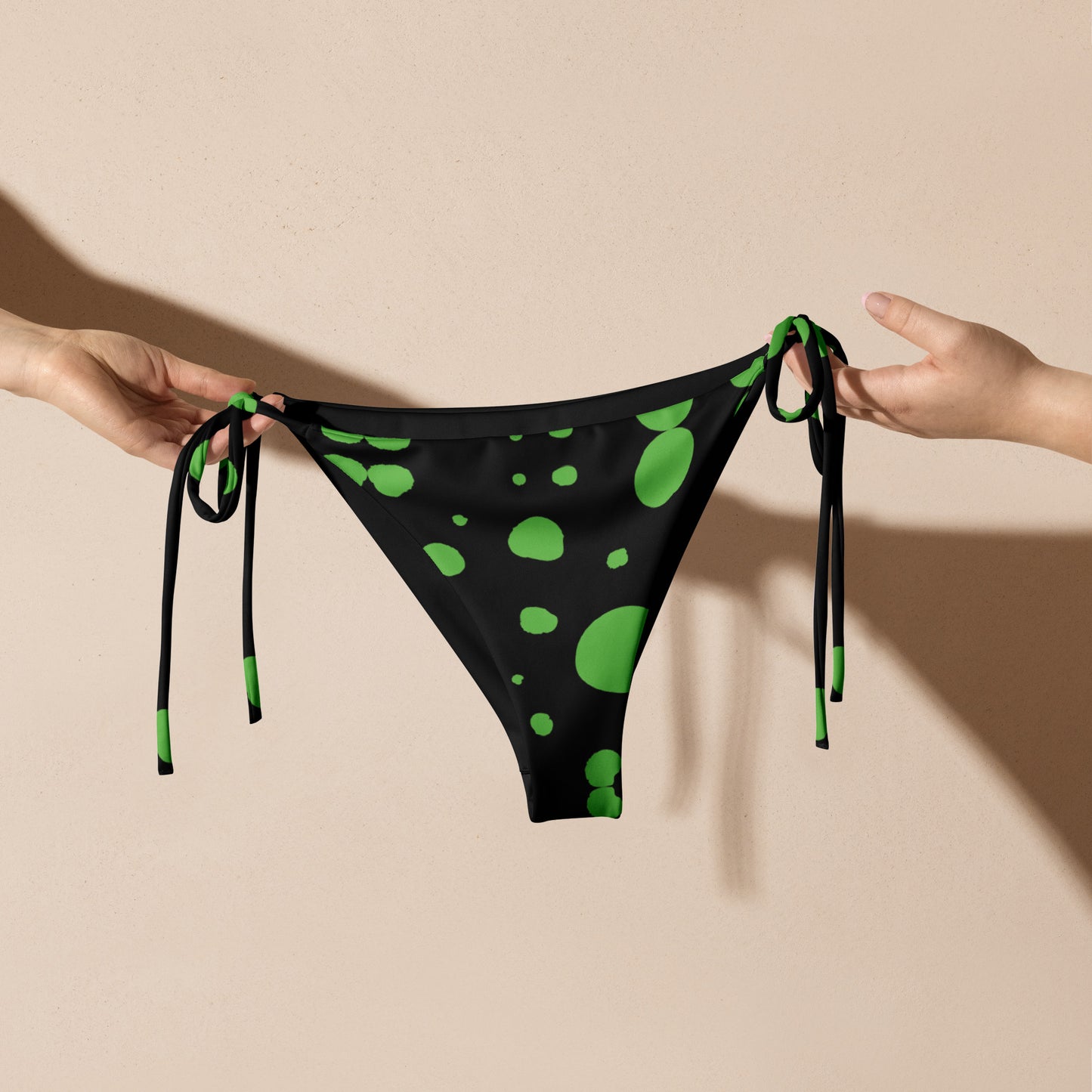 String bikini bottom - Bottom Only - Black with Green Polka Dot