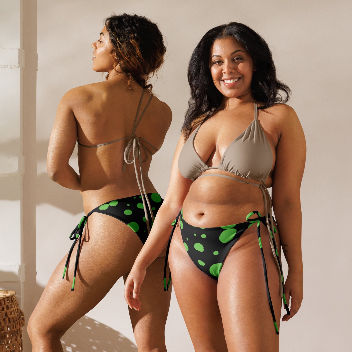 String bikini bottom - Bottom Only - Black with Green Polka Dot