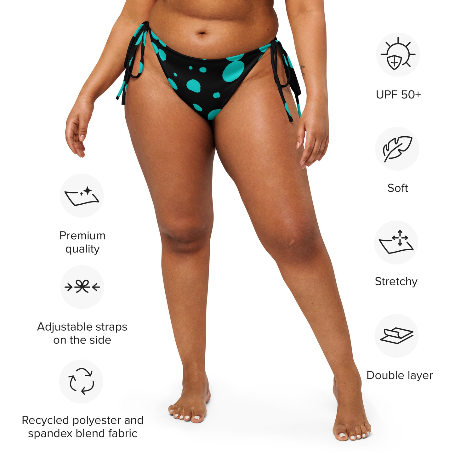 String bikini bottom - Bottom Only - Black with Teal Polka Dot