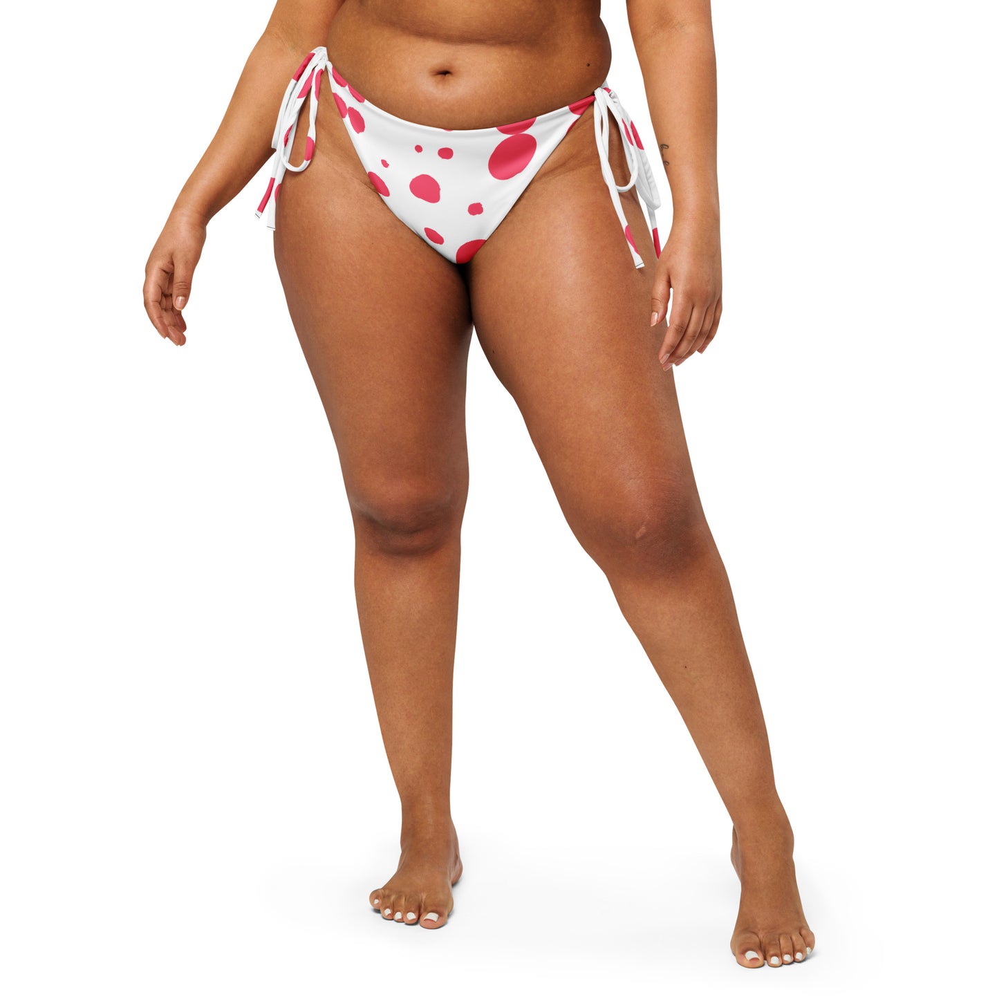 String Bikini Bottom – BOTTOM ONLY - White with Redish Pink Polka Dot