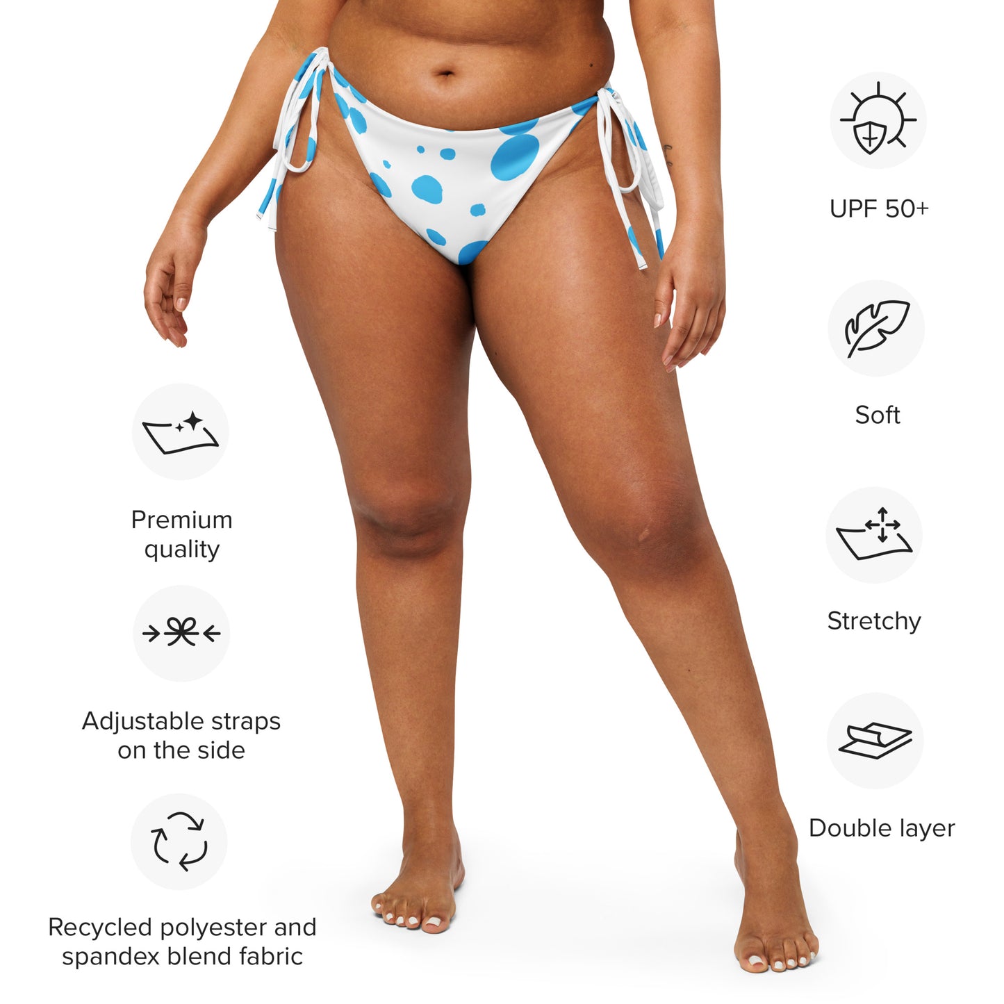 String Bikini Bottom – BOTTOM ONLY - White with Blue Polka Dots