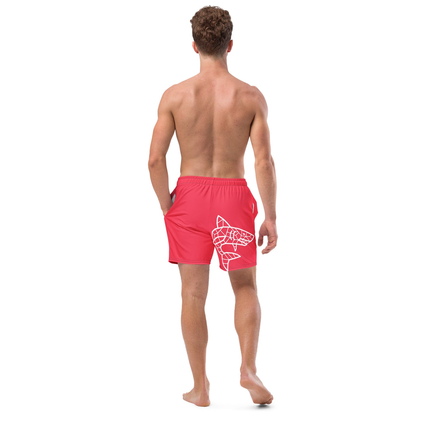 Men's and Youth swim trunks - Radical Red With Beach Signs and Shark