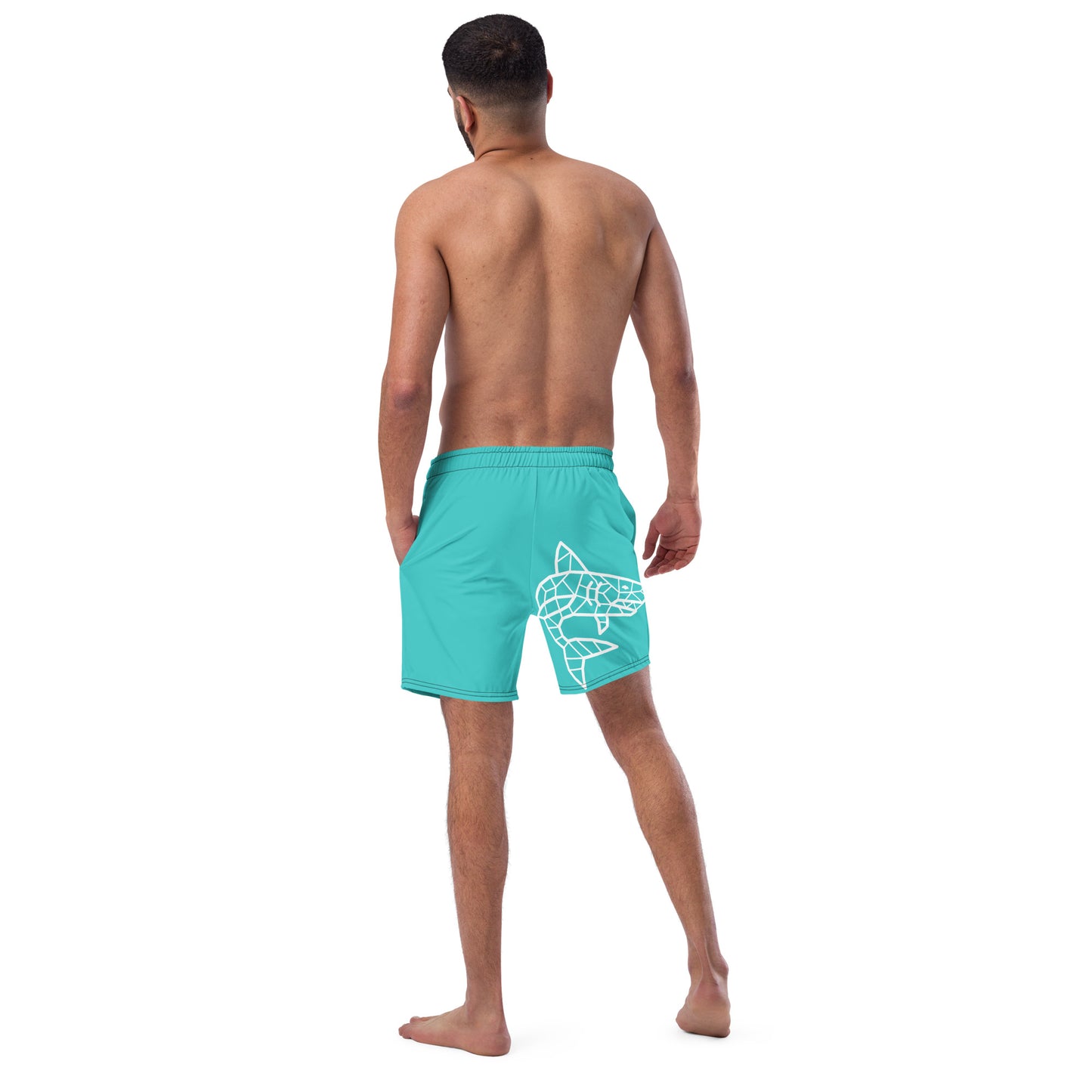 Men's and Youth swim trunks - Dark Turquoise with Beach Signs and Shark