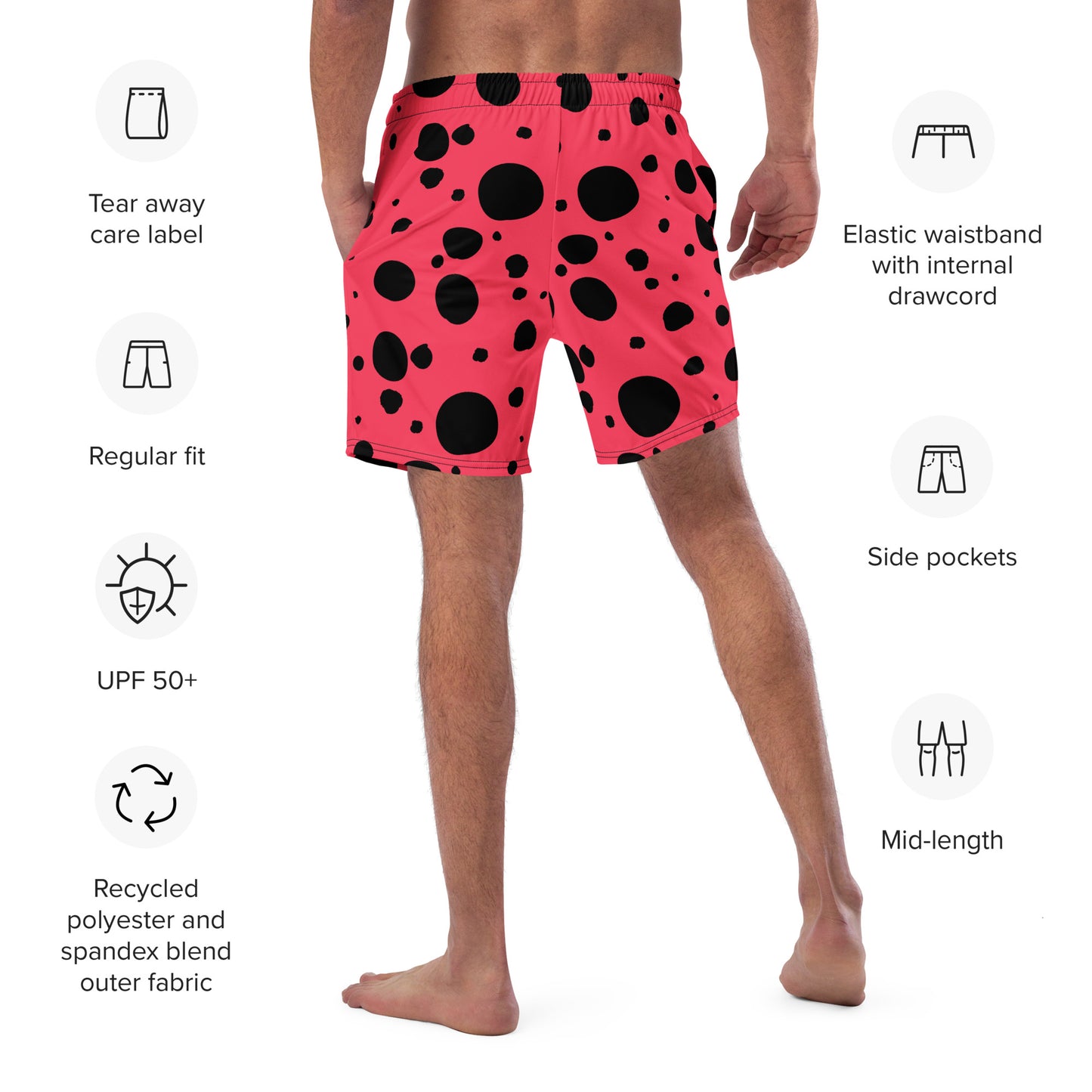 Men's swim trunks - Rad Red trunks with Black Polka Dots