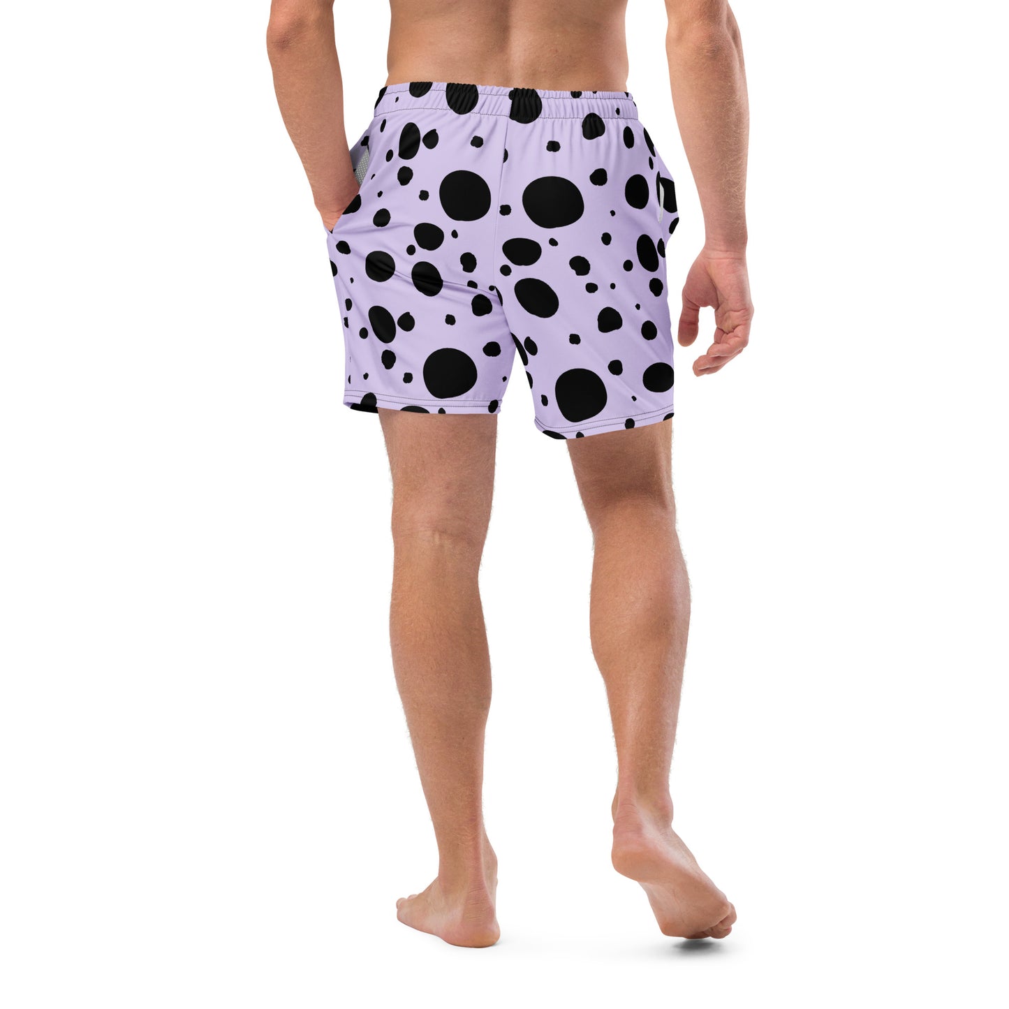 Men's swim trunks - Lavender trunks with Black Polka Dots