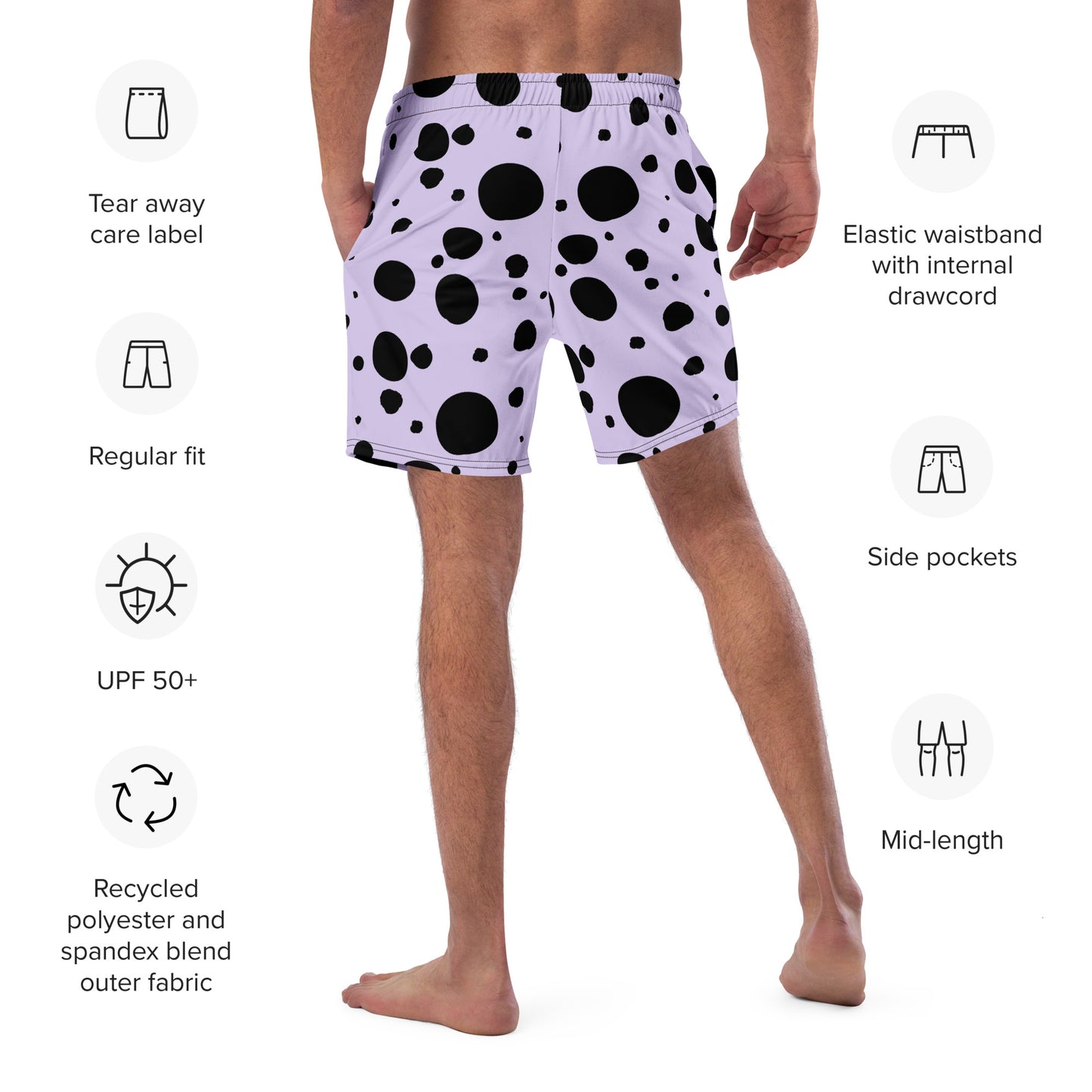 Men's swim trunks - Lavender trunks with Black Polka Dots