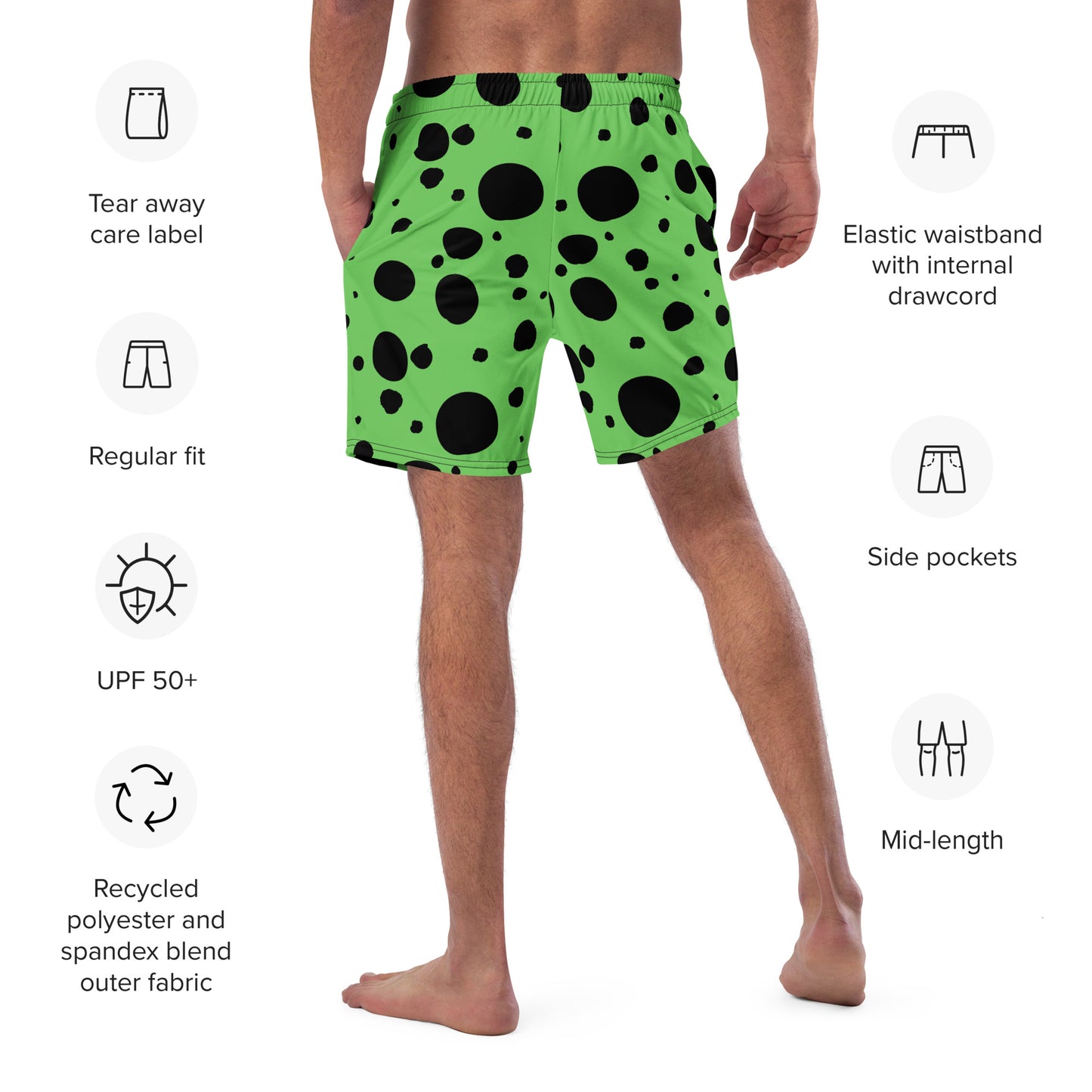 Men's swim trunks - Green trunks with Black Polka Dots