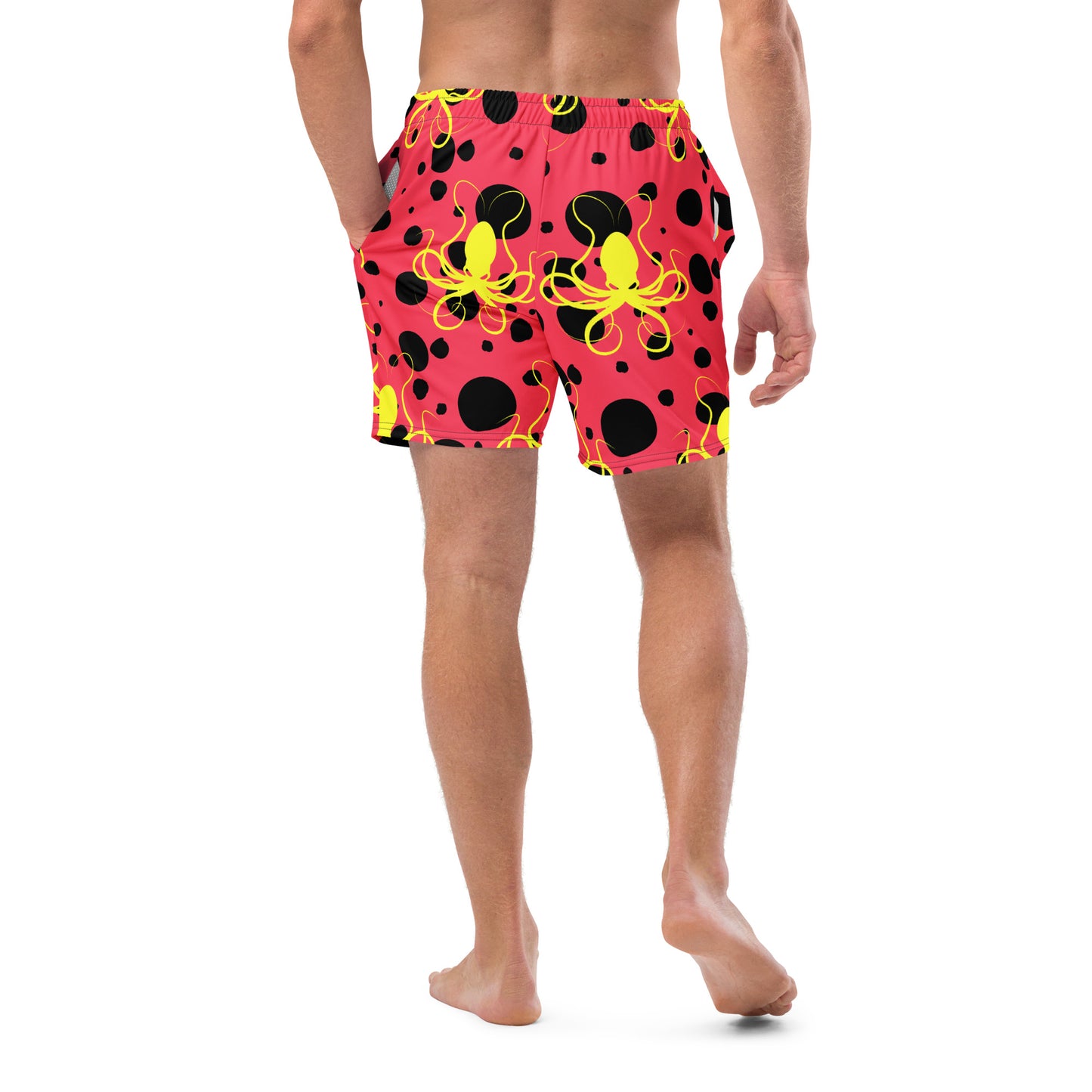 Men's swim trunks - Rad Red trunks with Black Polka Dots and Yellow Octopus Got Ink