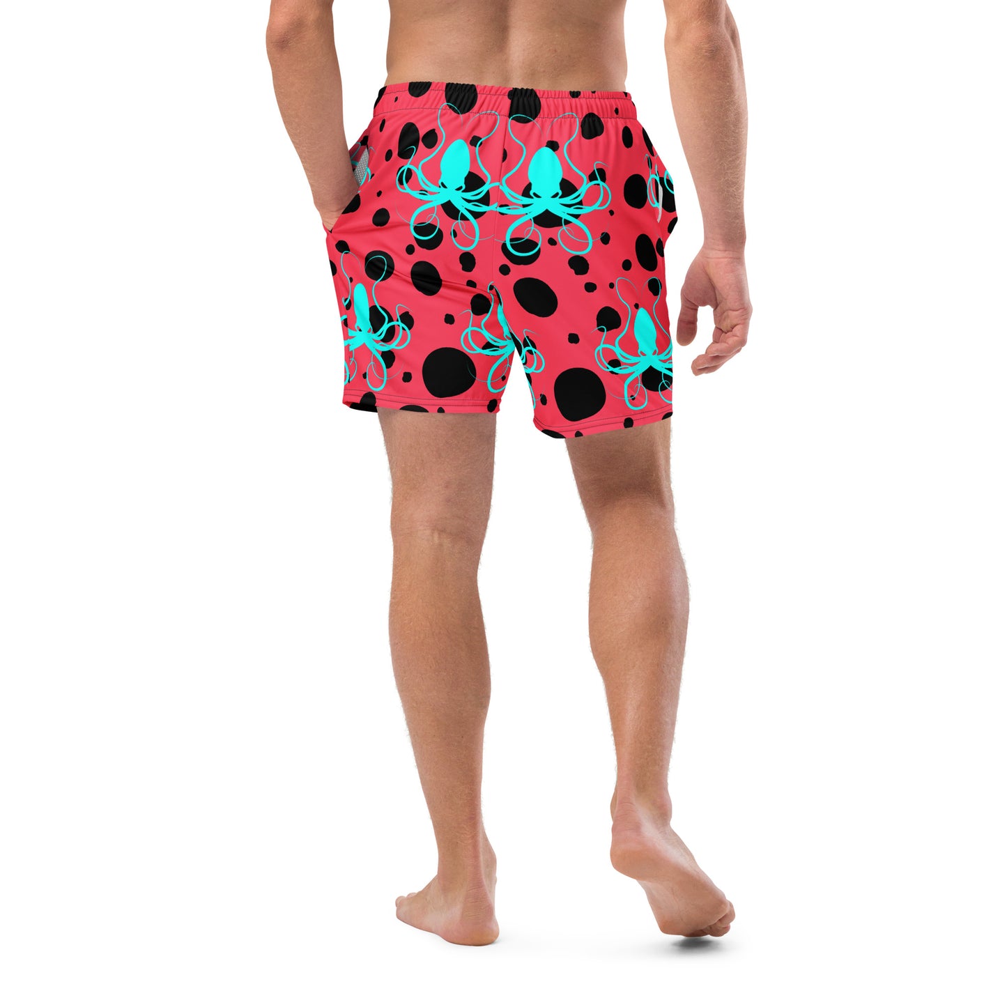 Men's swim trunks - Rad Red trunks with Black Polka Dots and Teal Octopus Got Ink