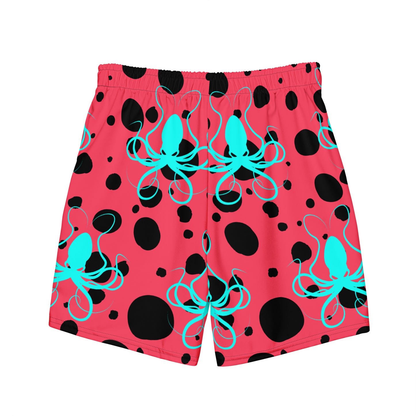 Men's swim trunks - Rad Red trunks with Black Polka Dots and Teal Octopus Got Ink