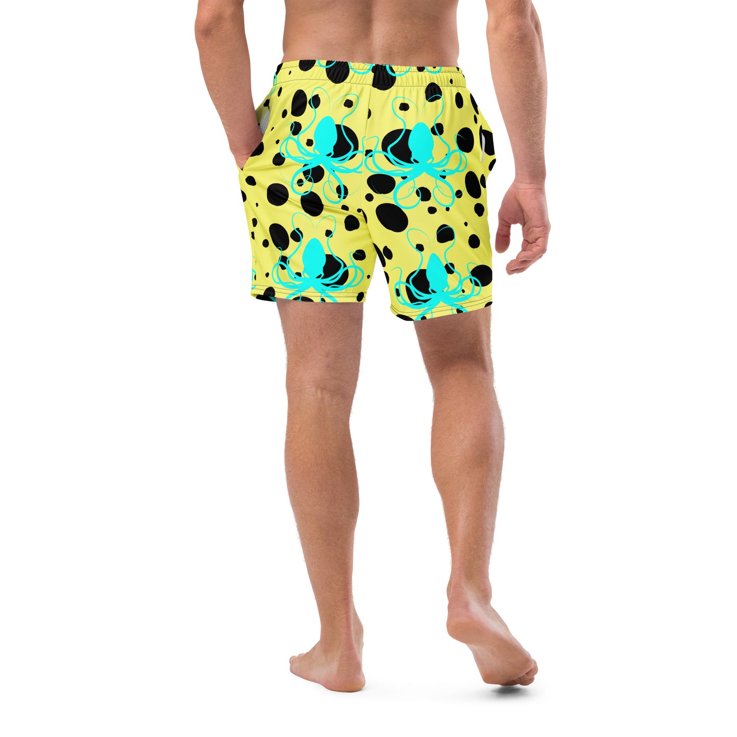 Men's swim trunks - Yellow trunks with Black Polka Dots and Teal Octopus Got Ink