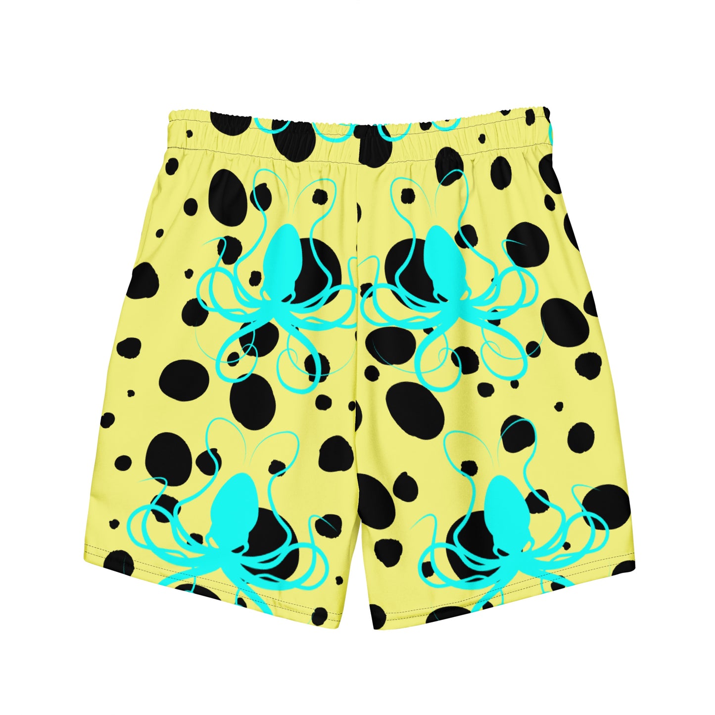 Men's swim trunks - Yellow trunks with Black Polka Dots and Teal Octopus Got Ink