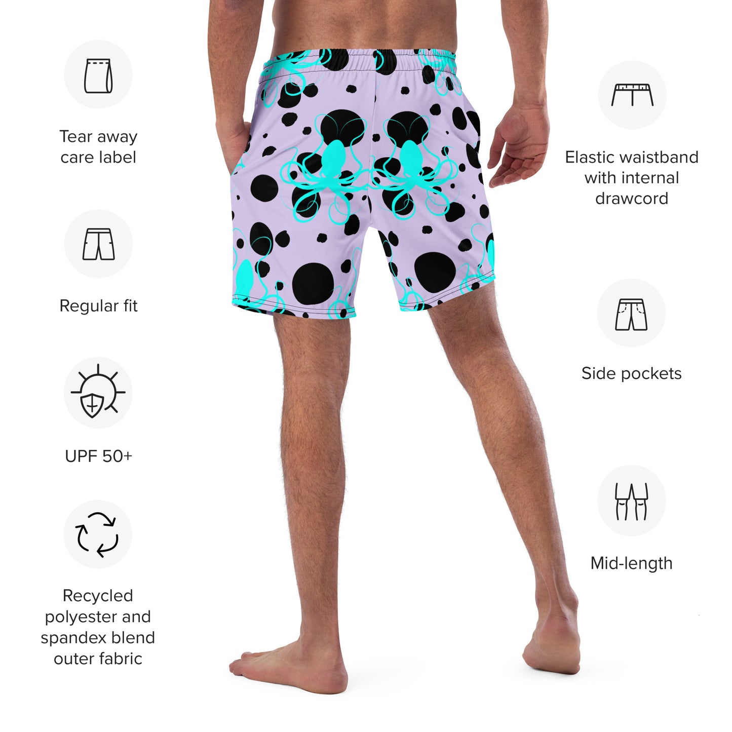 Men's swim trunks - Lavender trunks with Black Polka Dots and Teal Octopus Got Ink