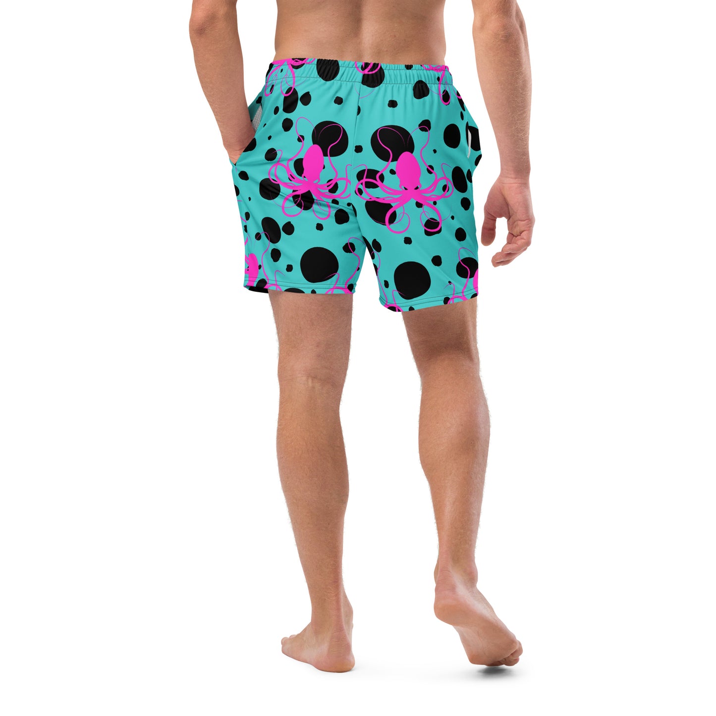 Men's swim trunks - Teal trunks with Black Polka Dots and Hot Pink Octopus Got Ink