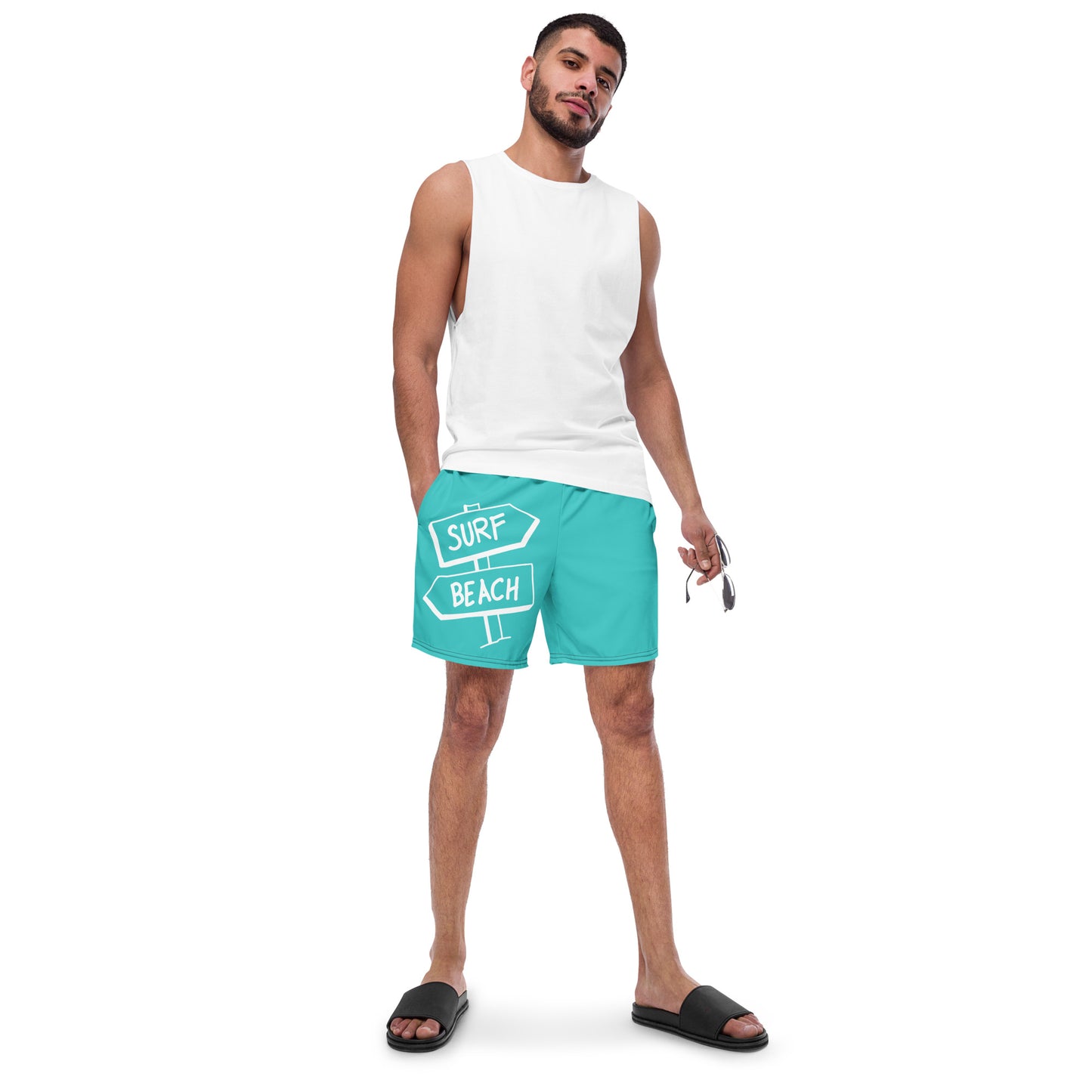 Men's and Youth swim trunks - Dark Turquoise with Beach Signs and Shark