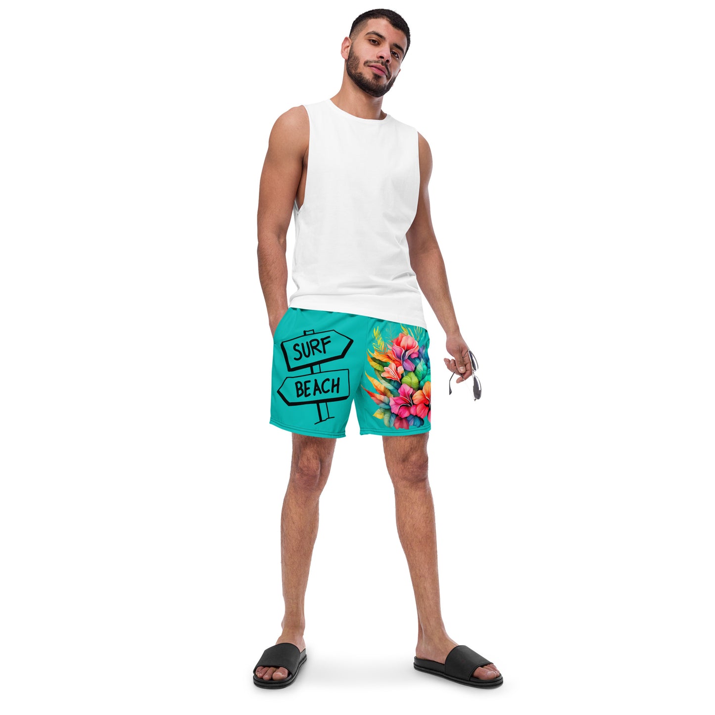 Men's and Youth swim trunks - Iris Blue with Beach Signs and Colorful Flowers