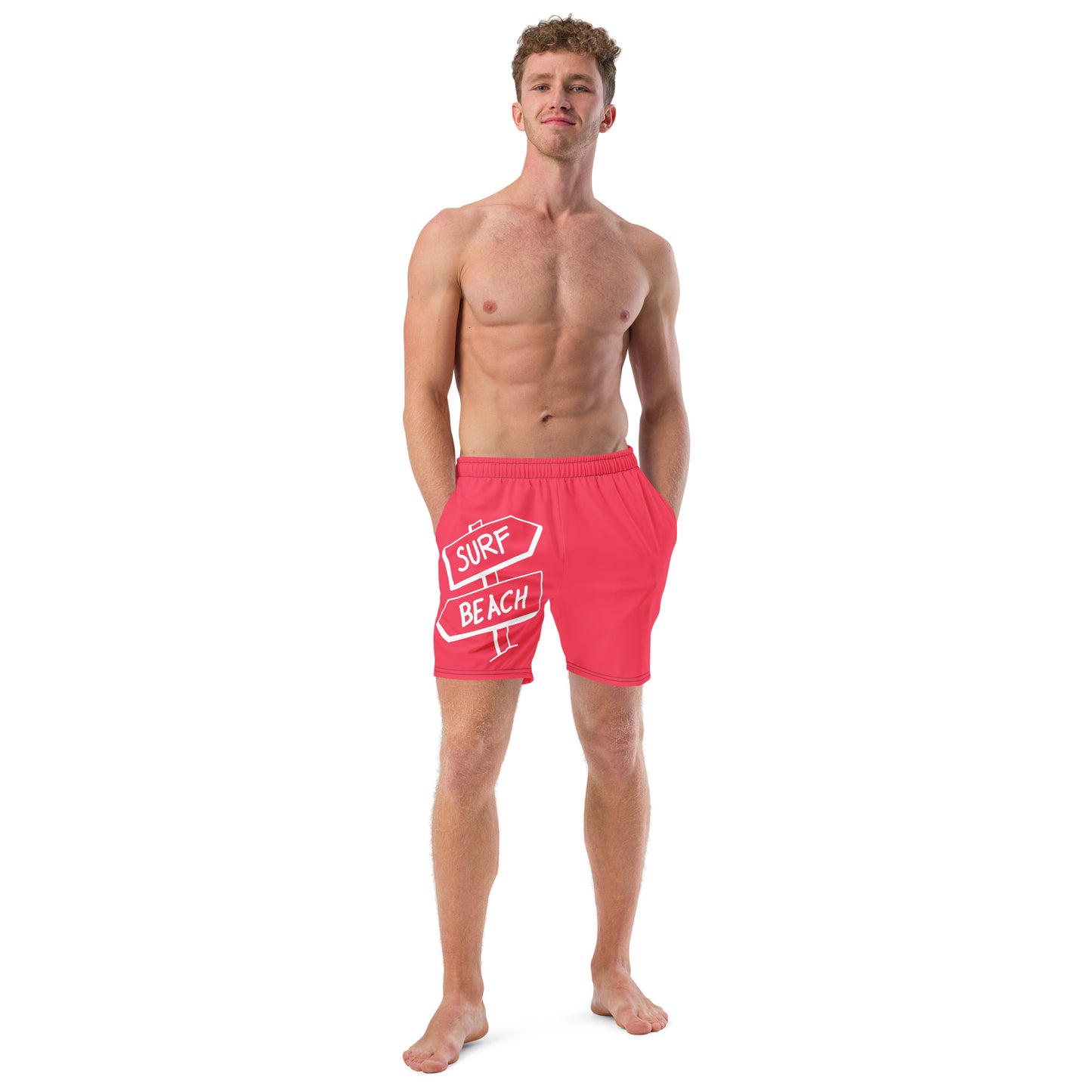 Men's and Youth swim trunks - Radical Red With Beach Signs and Shark