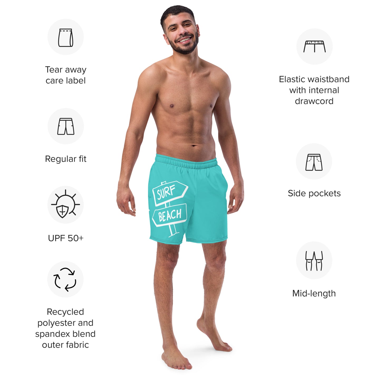 Men's and Youth swim trunks - Dark Turquoise with Beach Signs and Shark