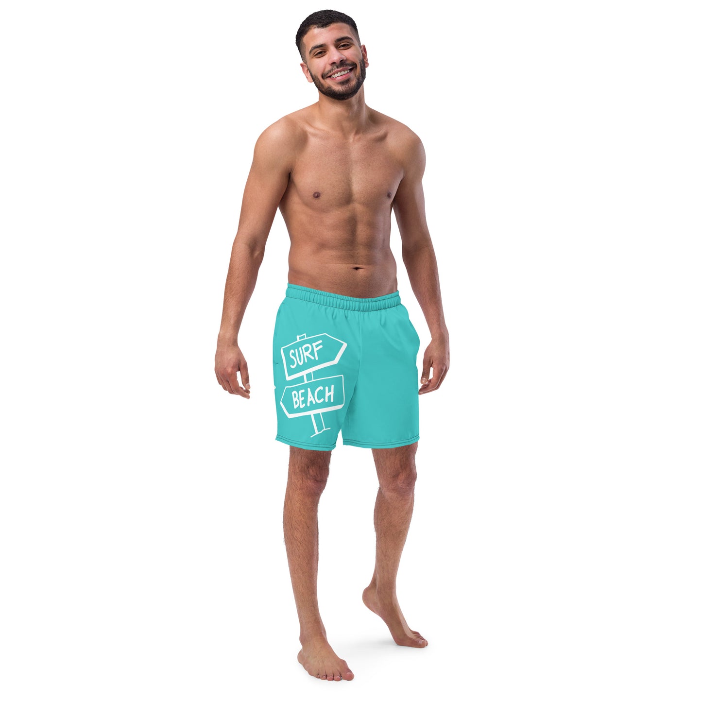 Men's and Youth swim trunks - Dark Turquoise with Beach Signs and Shark