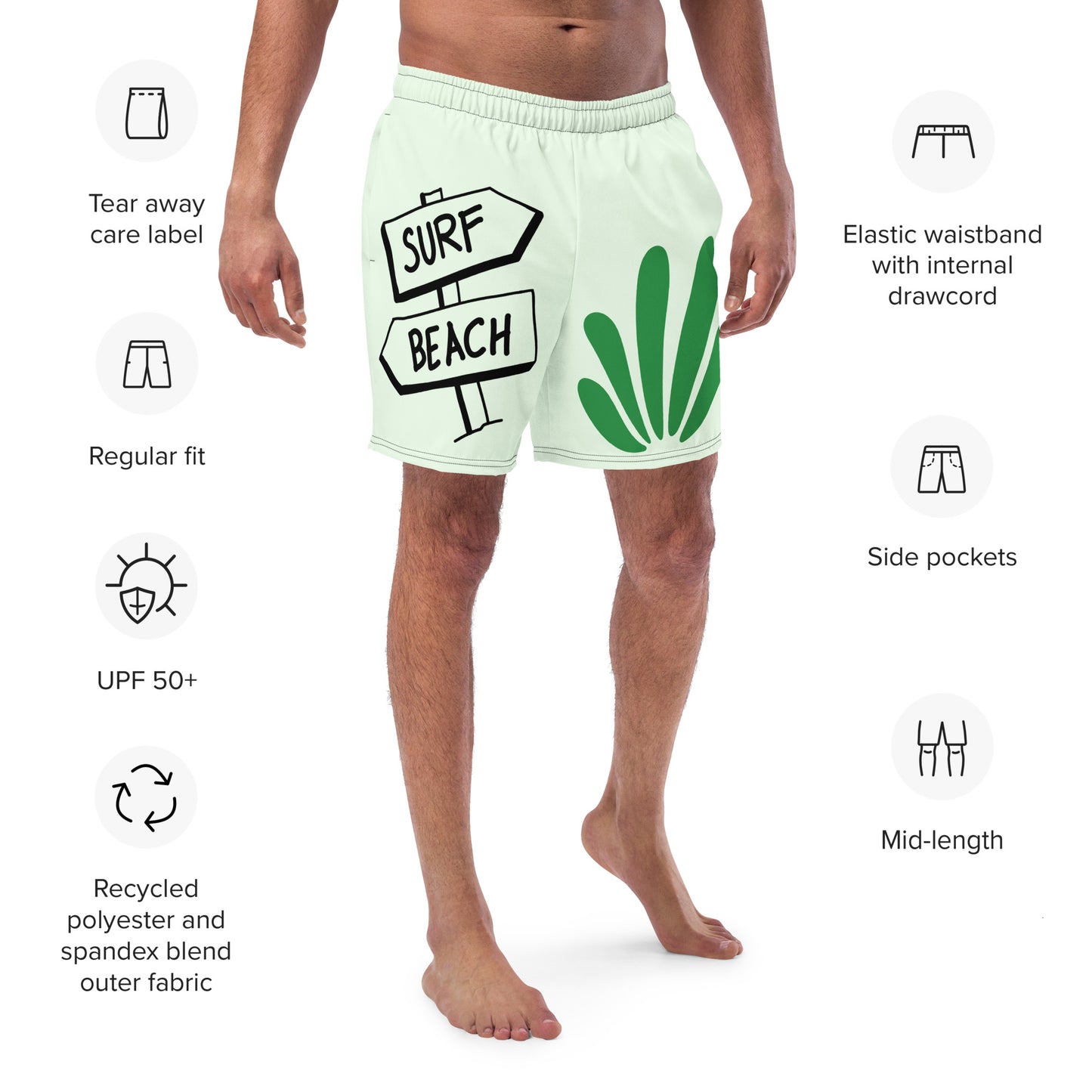 Men's and Youth swim trunks - Honeydew Green With Beach Signs, Seaweeds, and Turtle