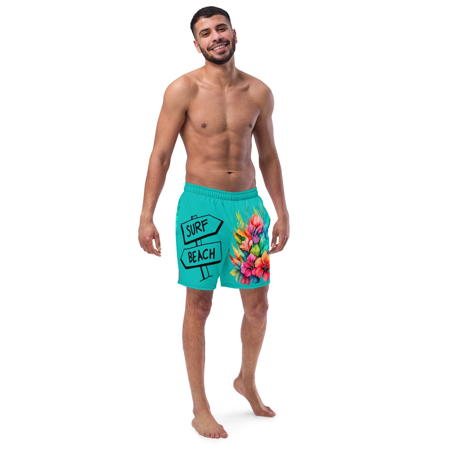 Men's and Youth swim trunks - Iris Blue with Beach Signs and Colorful Flowers