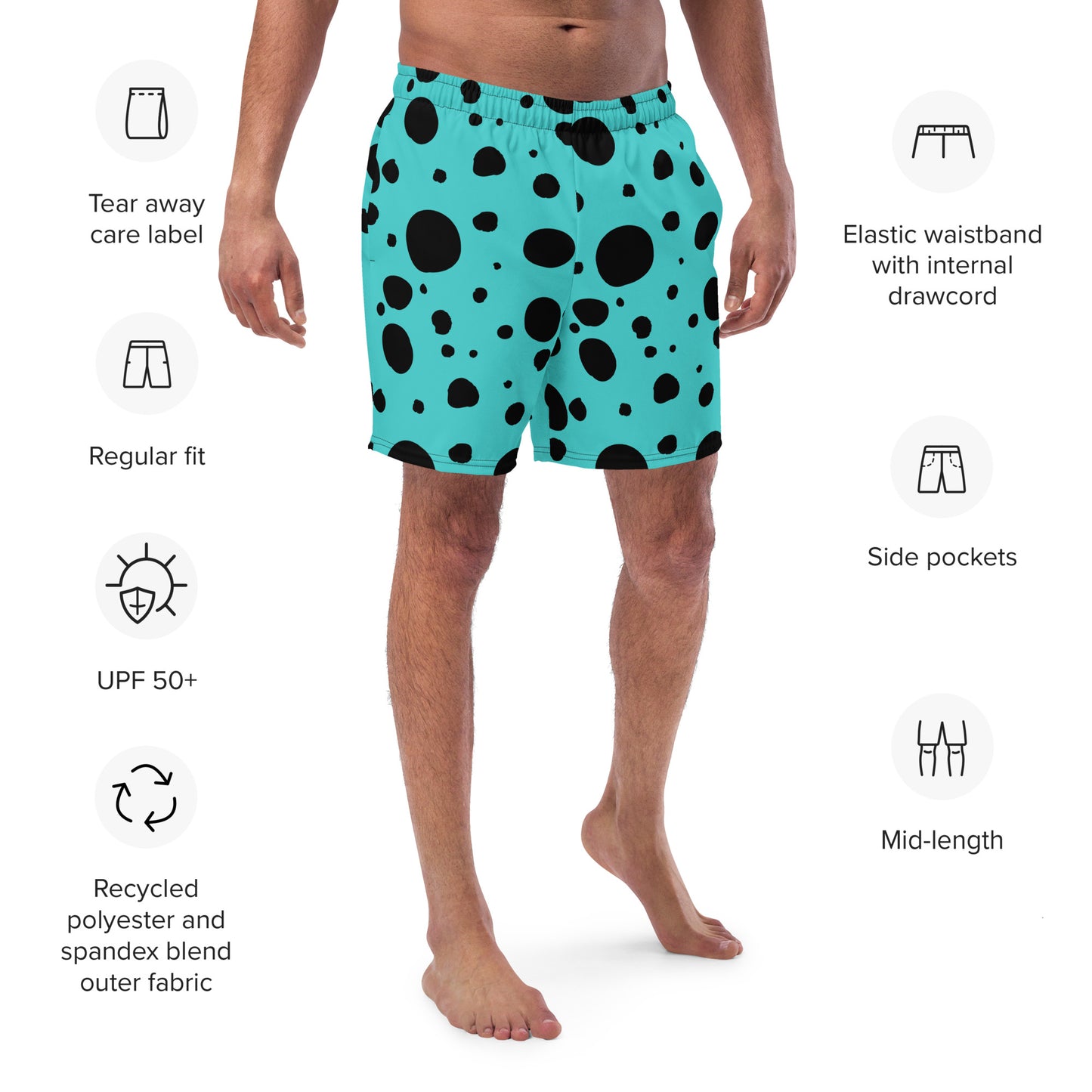 Men's swim trunks - Turquoise trunks with Black Polka Dots