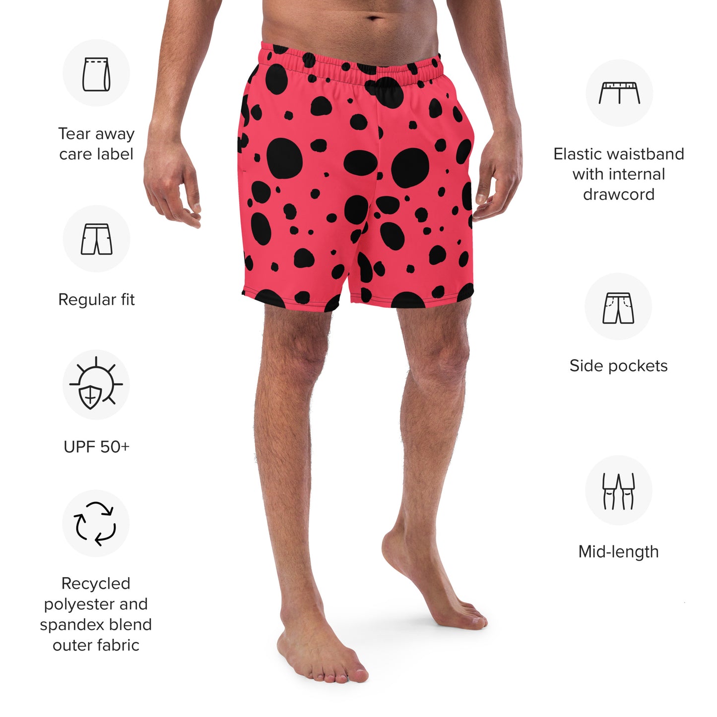 Men's swim trunks - Rad Red trunks with Black Polka Dots